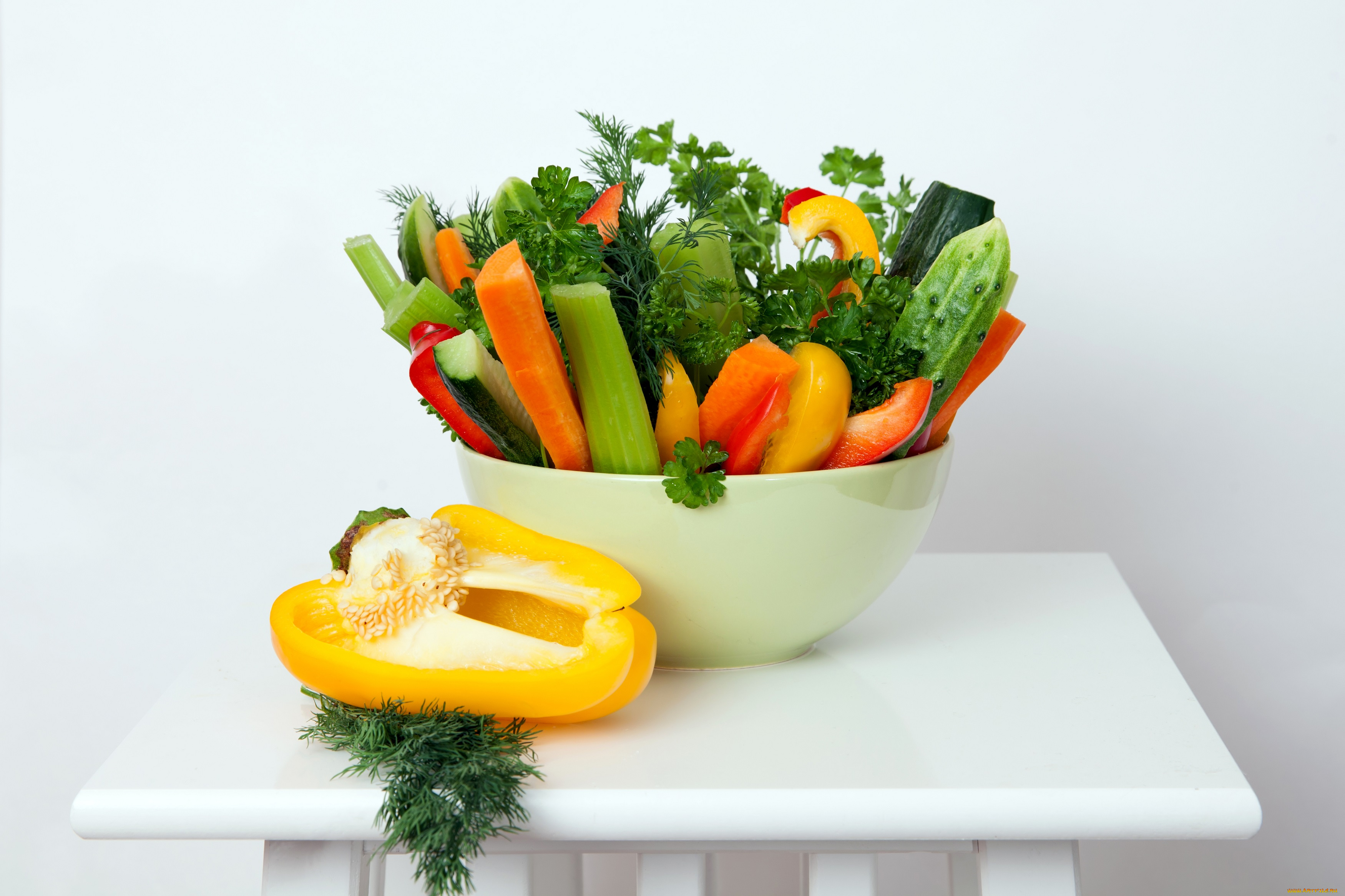 еда, овощи, укроп, перец, морковь, помидоры, огурец
