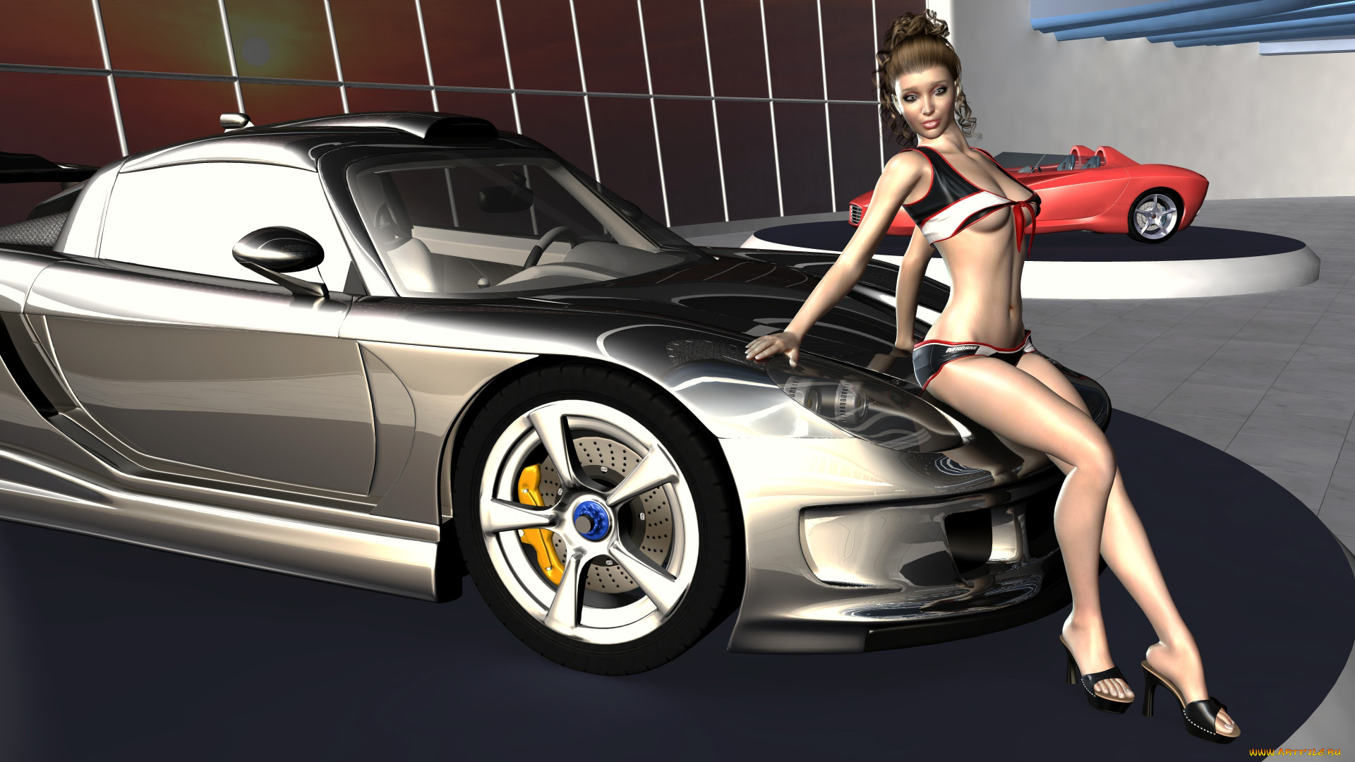 автомобили, 3d, car&girl, девушка, взгляд, автомобиль