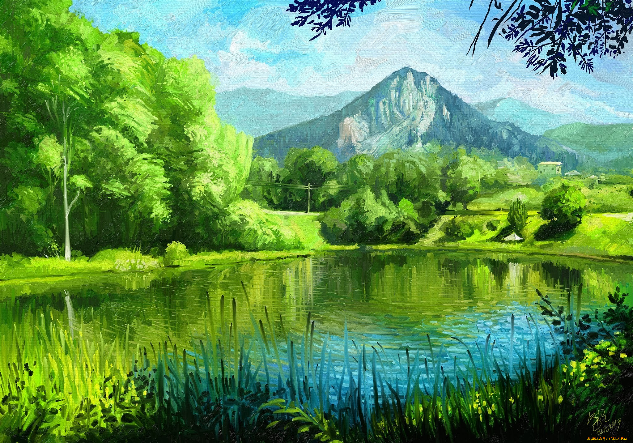 рисованные, природа, озеро, лето, трава, зелено, горы, деревья