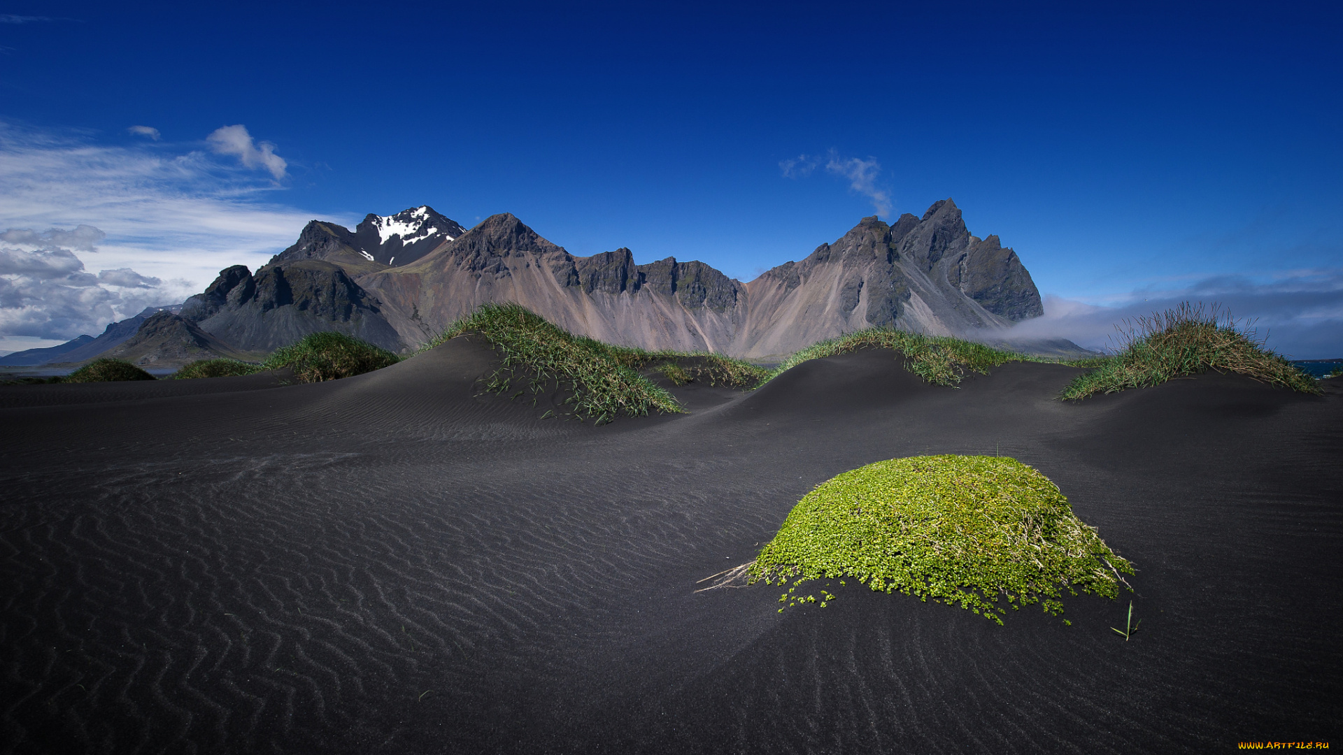 природа, горы, небо, трава, чёрный, песок, vestrahorn, stockksness, исландия