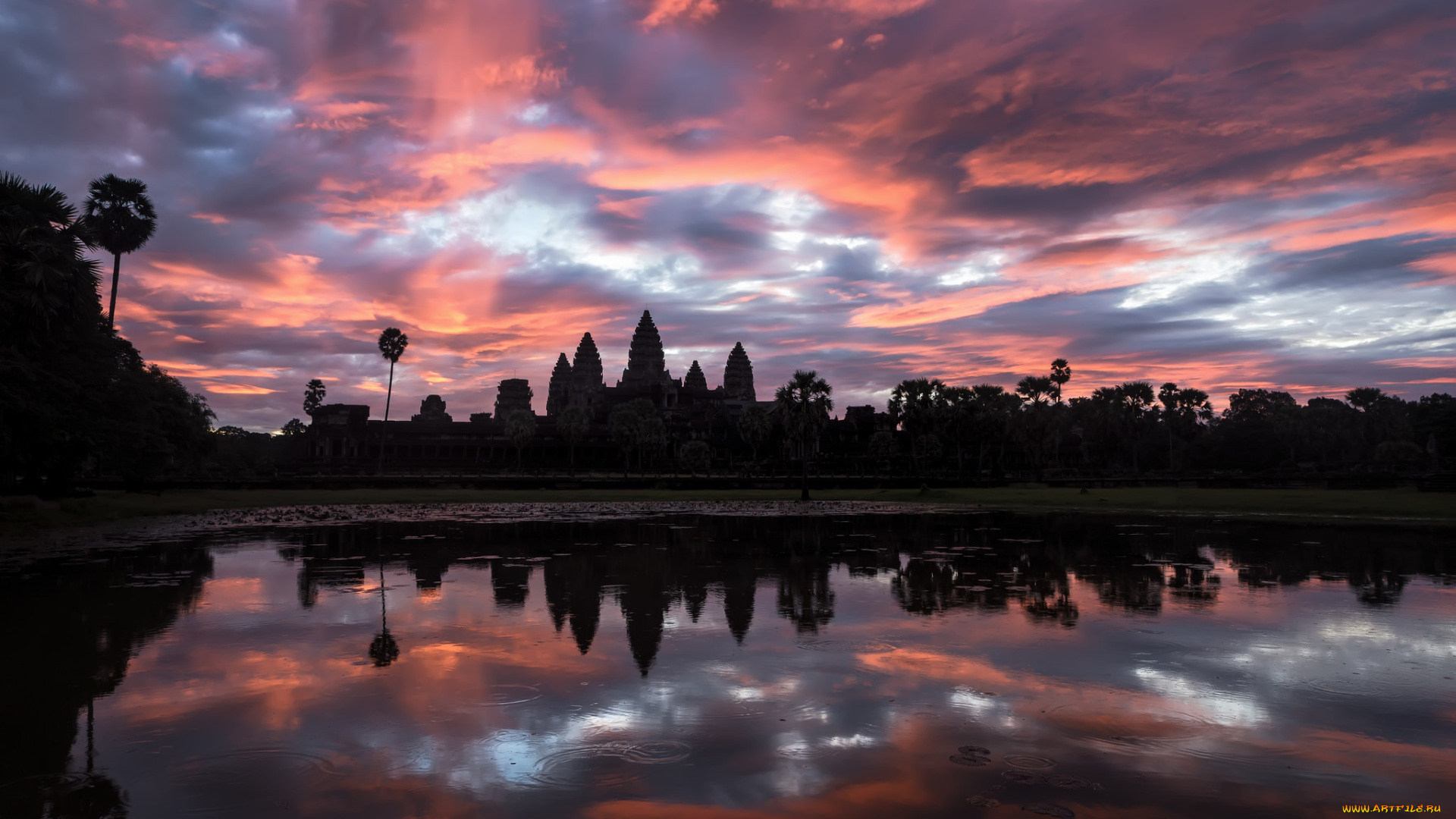 природа, реки, озера, камбоджа, небо, утро, ангкор-ват, ангкорвоат, храмовый, комплекс, отражения, вода