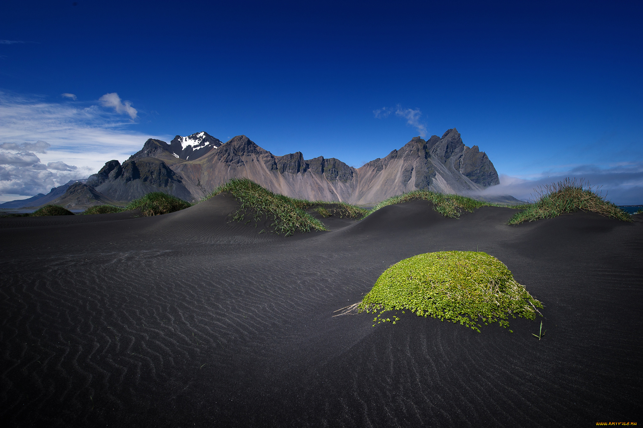 природа, горы, небо, трава, чёрный, песок, vestrahorn, stockksness, исландия