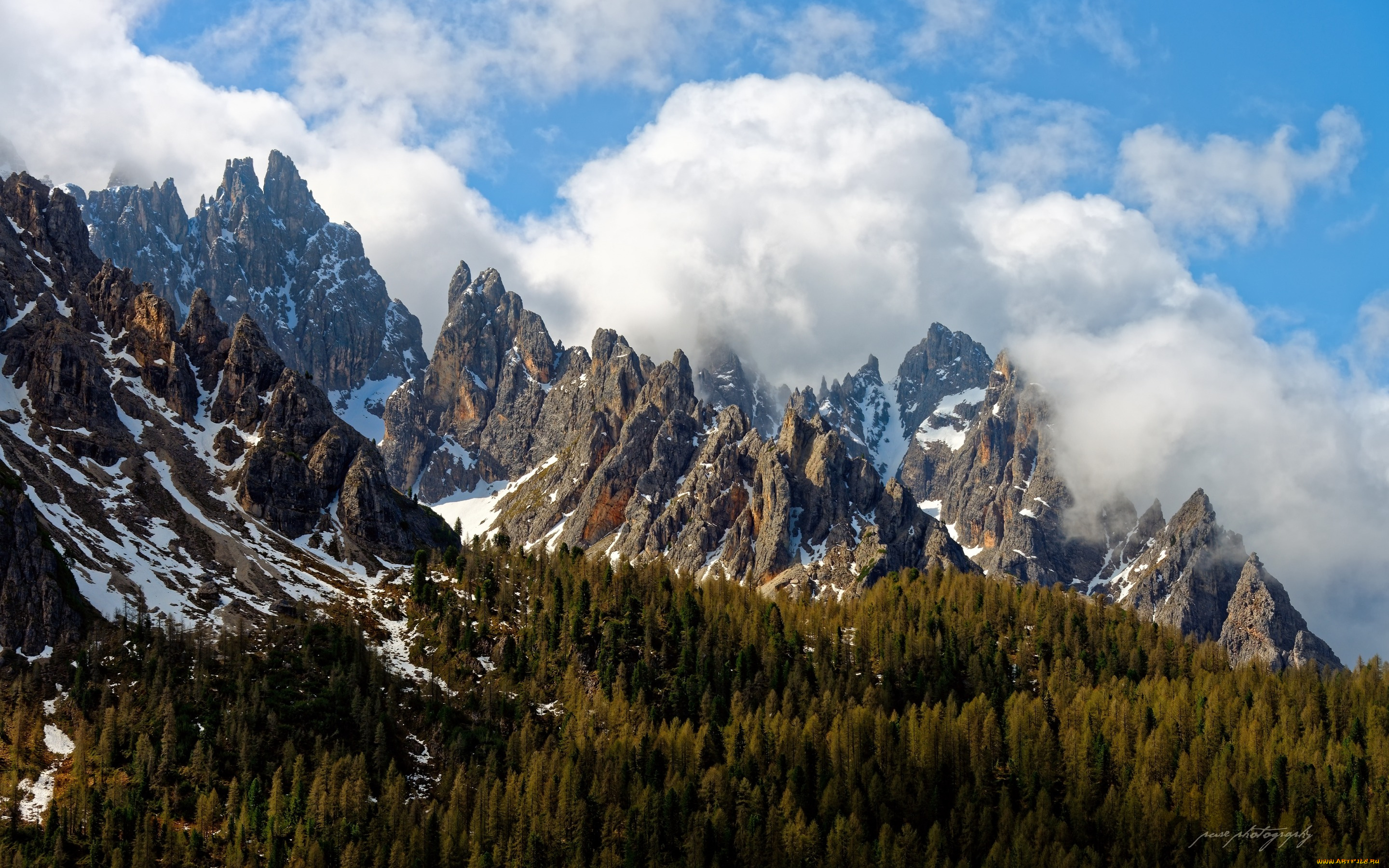 природа, горы, италия, лес, облака, небо, весна, доломитовые, альпы, скалы, пики
