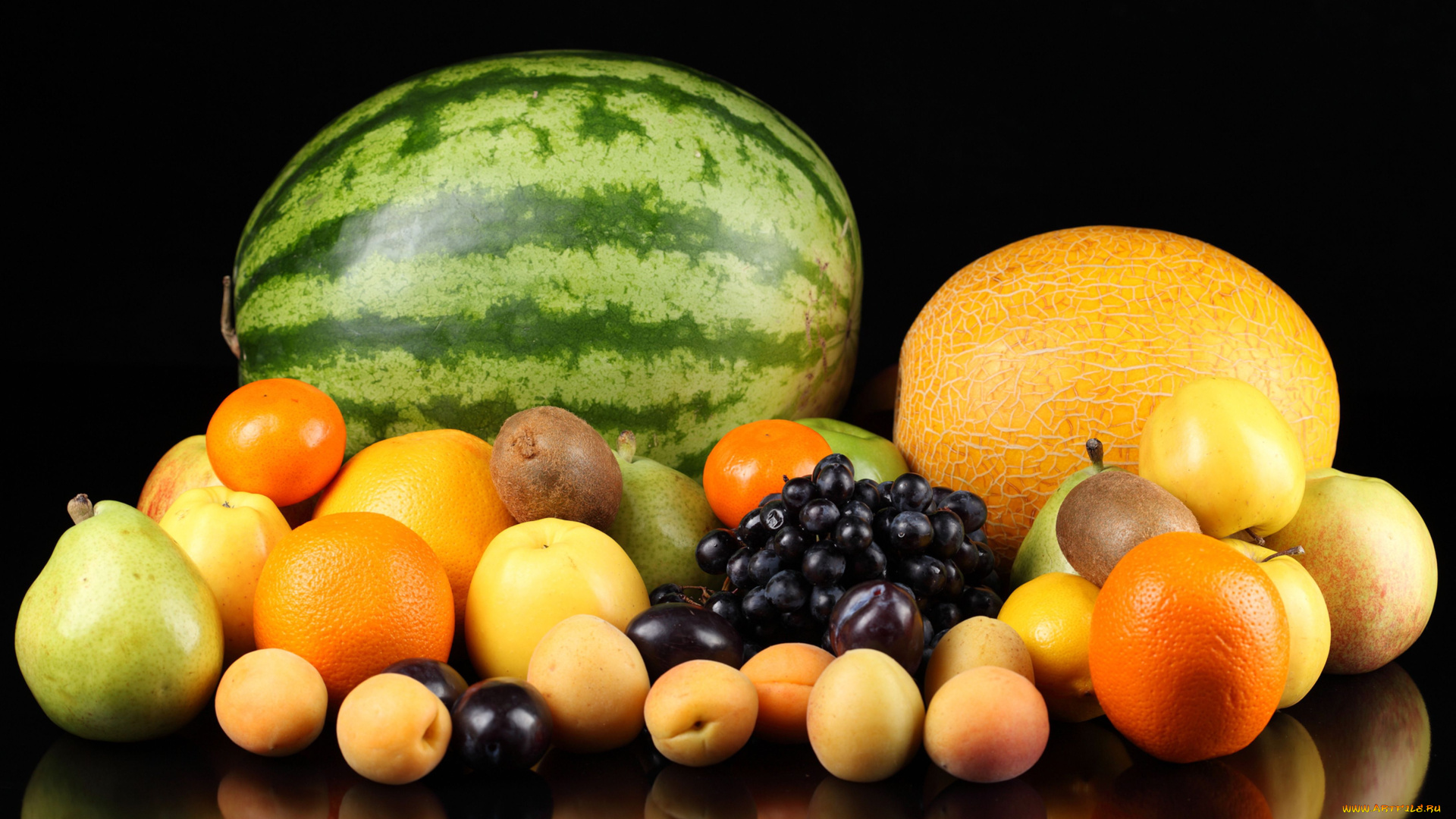 еда, фрукты, ягоды, арбуз, дыня, яблоки, груши, апельсины, виноград, абрикосы, киви, мандарины