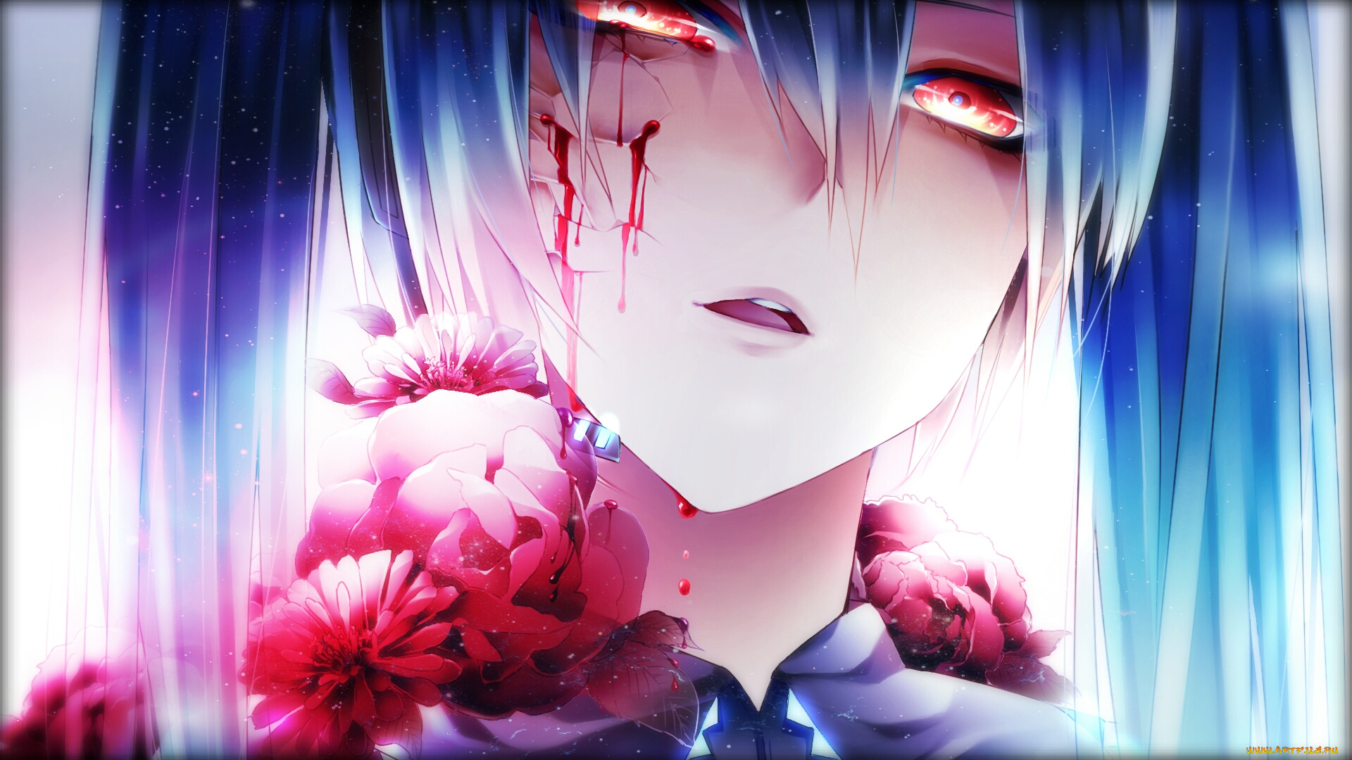 аниме, vocaloid, лицо, цветы, кровь