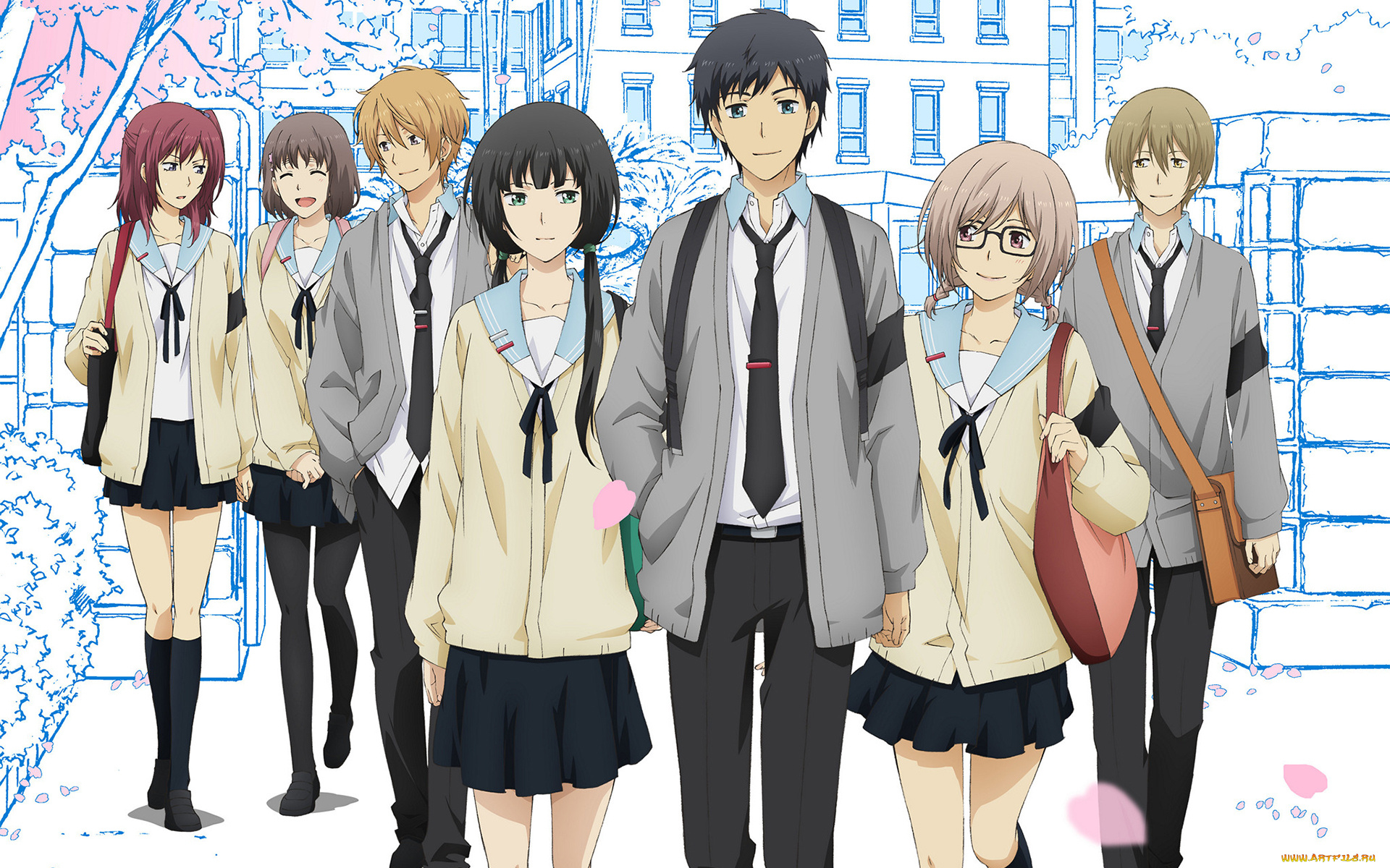 relife, аниме, взгляд, фон, девушки, парни