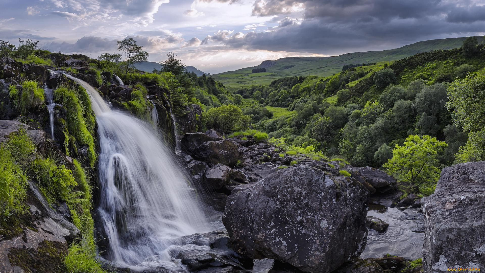 природа, водопады, луп, финтри, штирлингшире, шотландия, горы, холмы