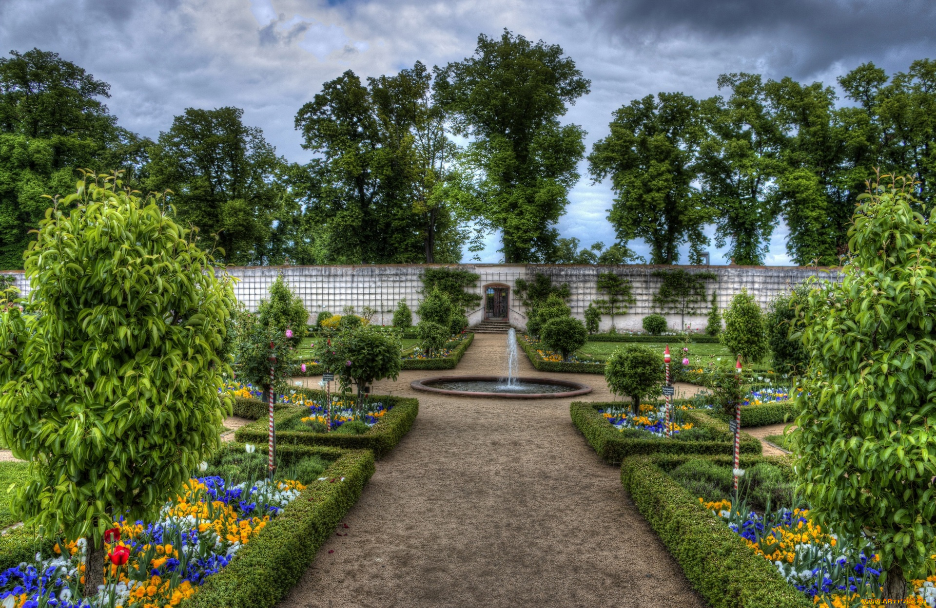 германия, природа, парк, фонтан, деревья, цветы, кустарники