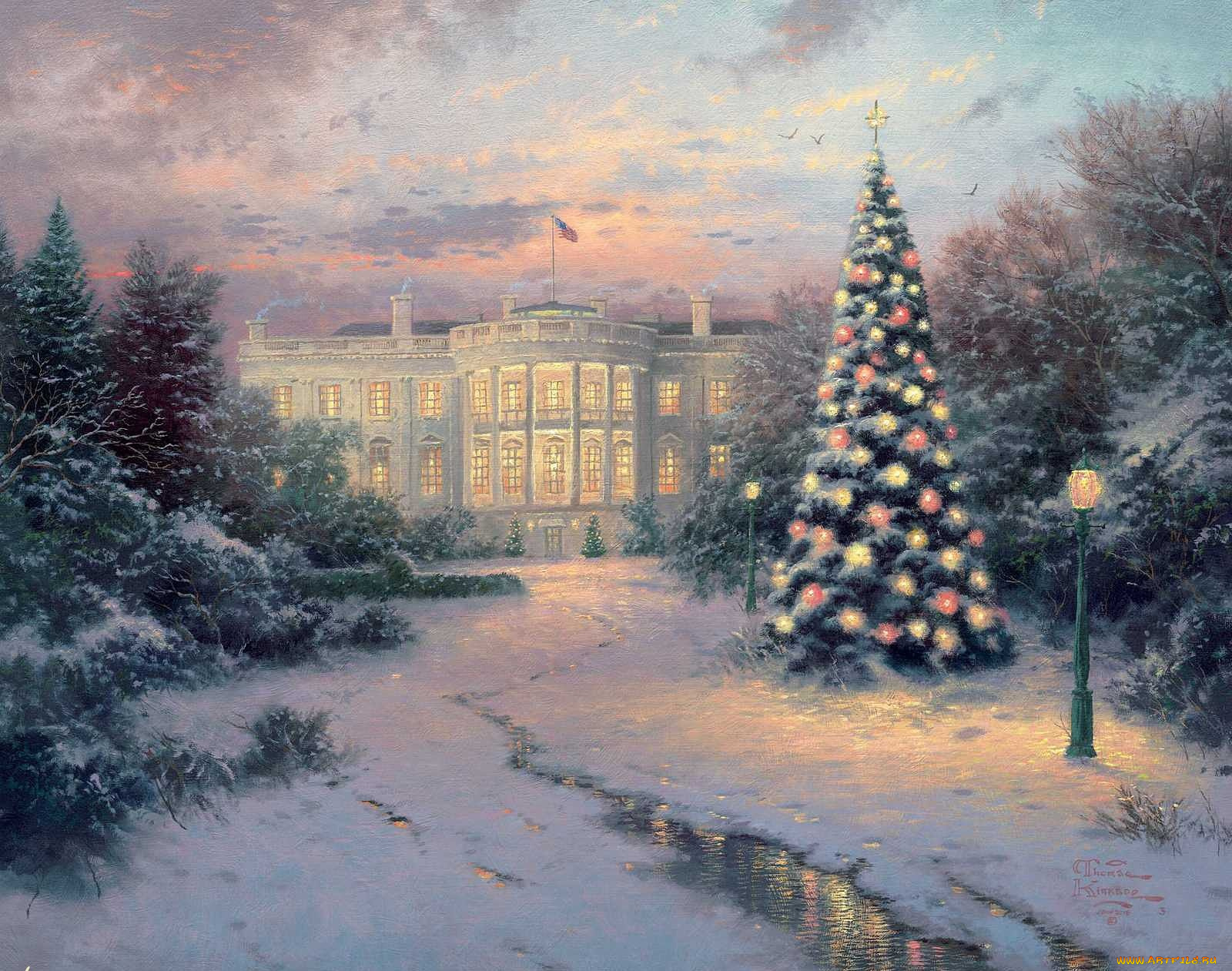 рисованные, thomas, kinkade, елка, зима, снег, фонарь