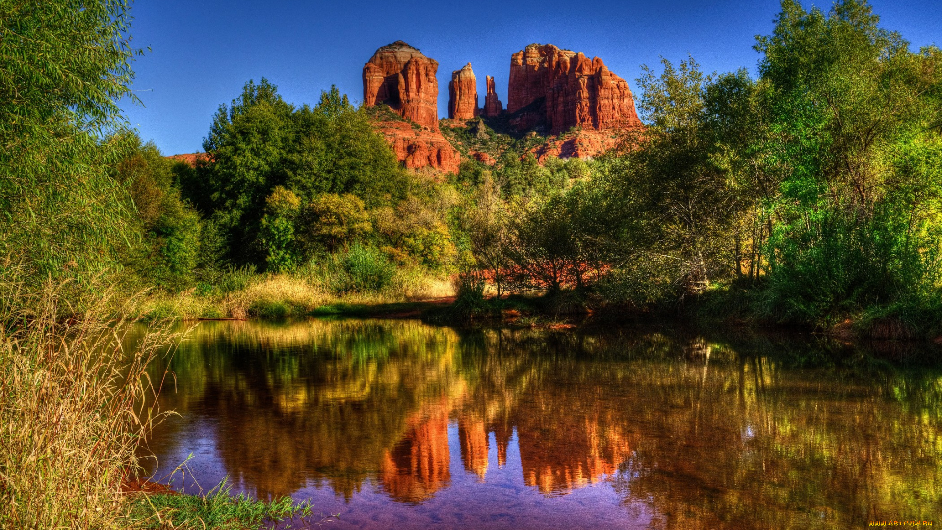 cathedral, rock, sedona, природа, реки, озера, лес, красные, скалы, отражение, горы, озеро