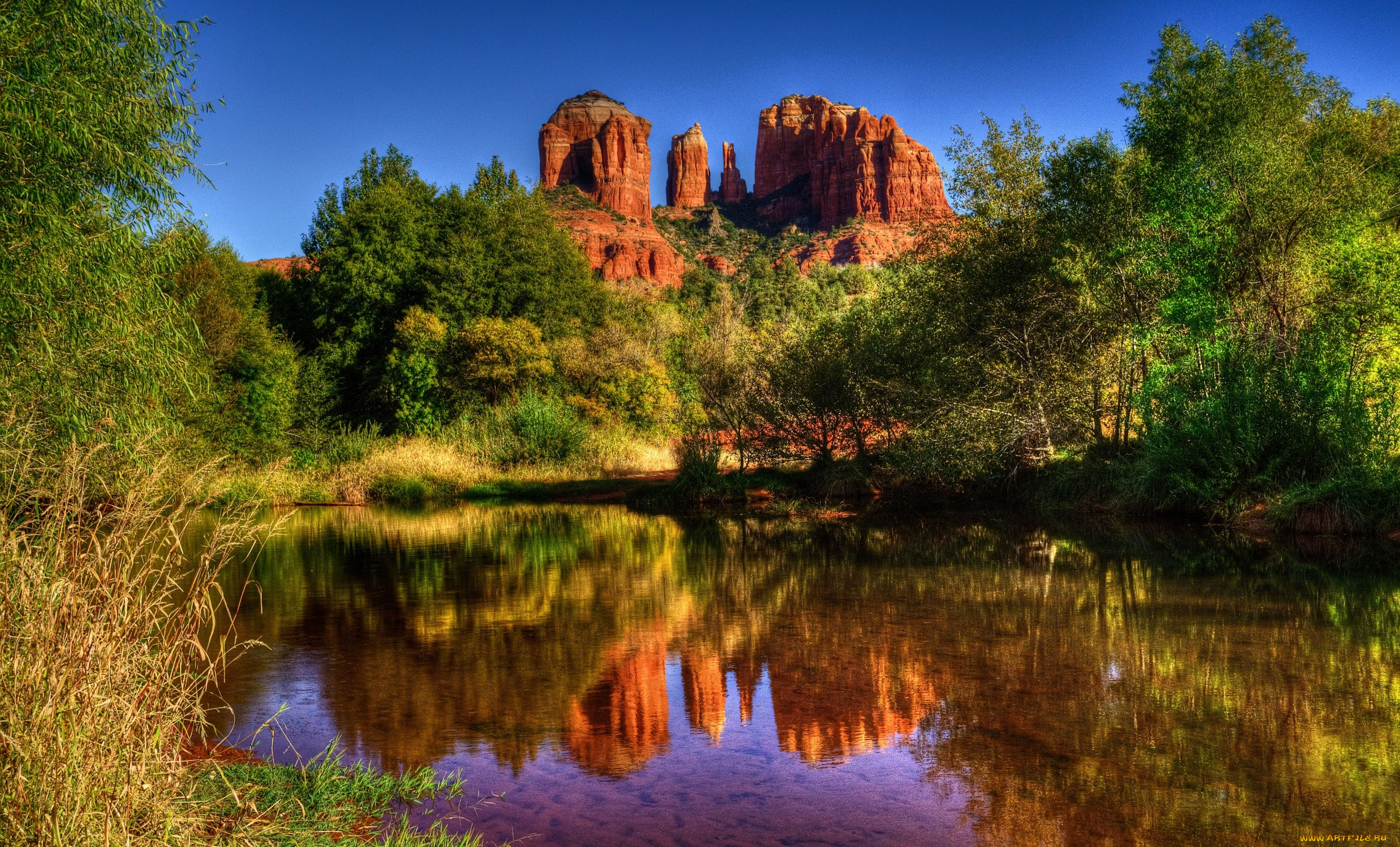 cathedral, rock, sedona, природа, реки, озера, лес, красные, скалы, отражение, горы, озеро