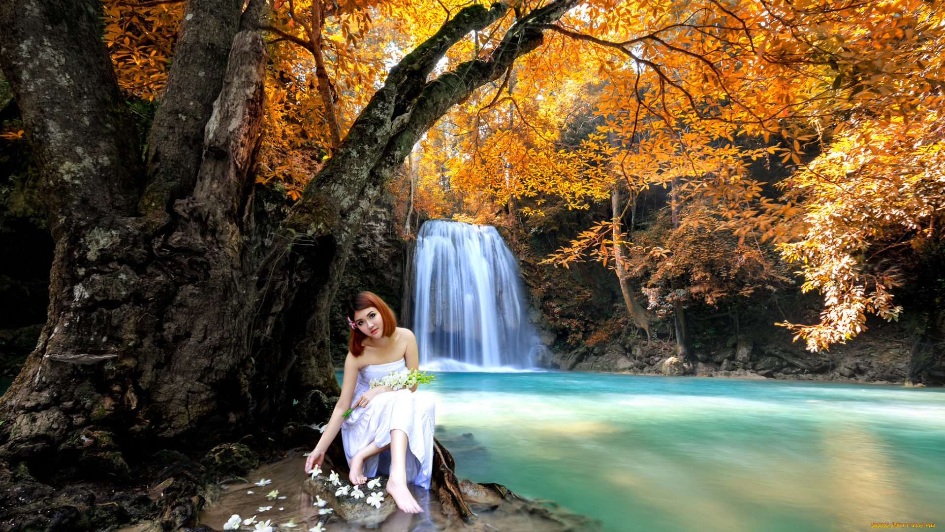 девушка природа водопад girl nature waterfall без смс