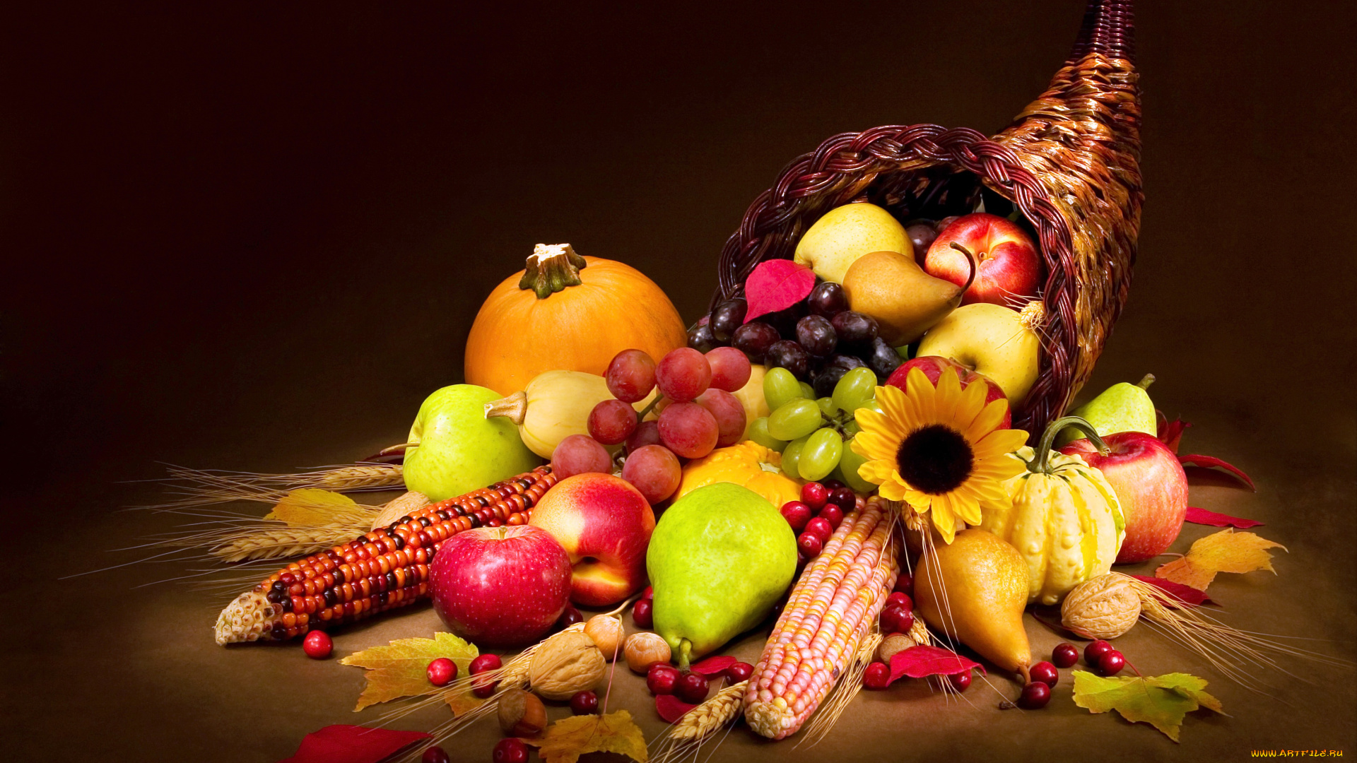 еда, фрукты, и, овощи, вместе, груша, тыква, овощи, корзина, кукуруза, яблоки, фрукты, ягоды, виноград, орехи, листья
