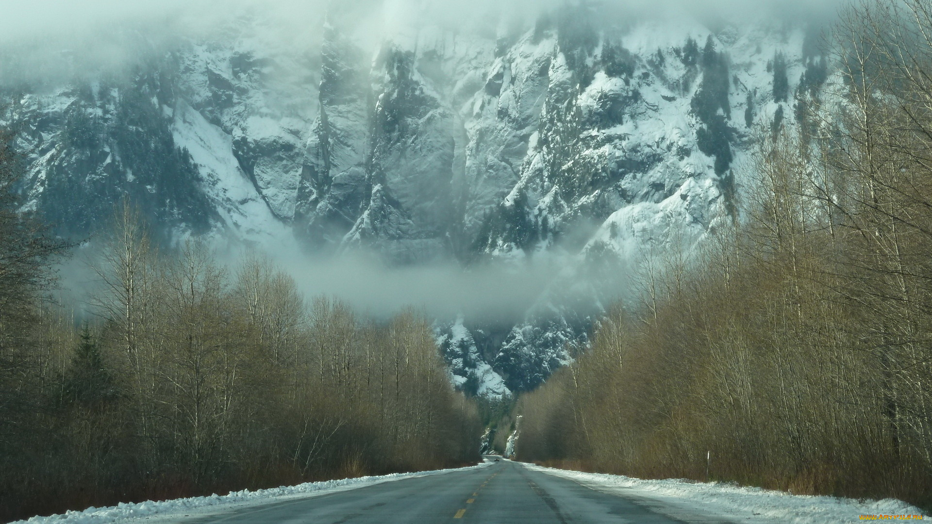 природа, дороги, зима, снег, туман, дымка, лес, горы