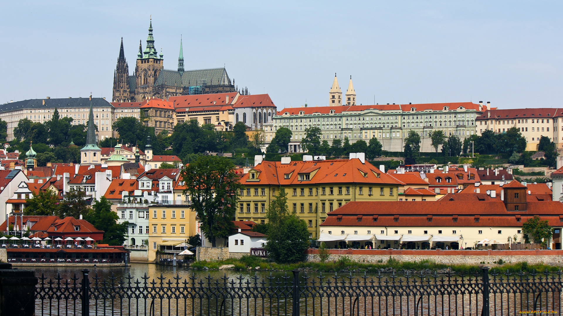 города, прага, Чехия, крыша, собор, здания, река