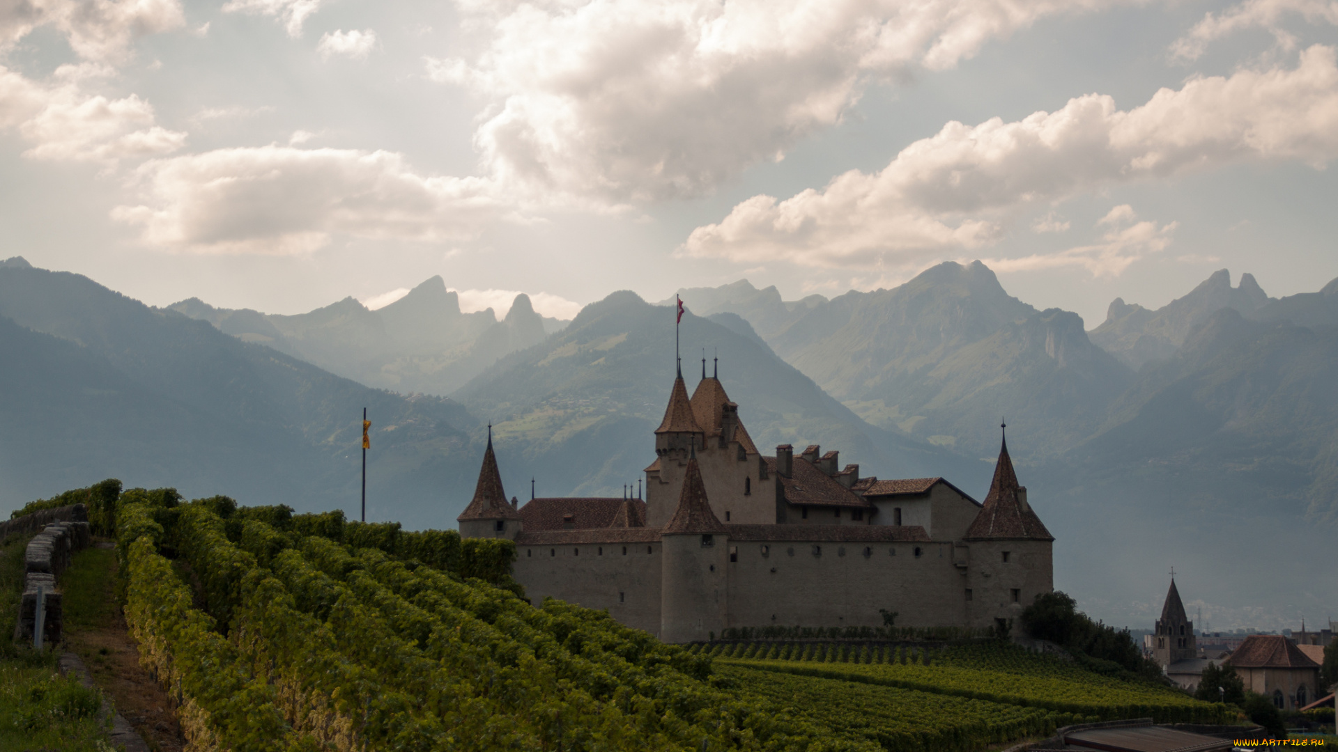 aigle, castle, switzerland, города, дворцы, замки, крепости, горы, виноградник, альпы, швейцария, alps, замок, эгль