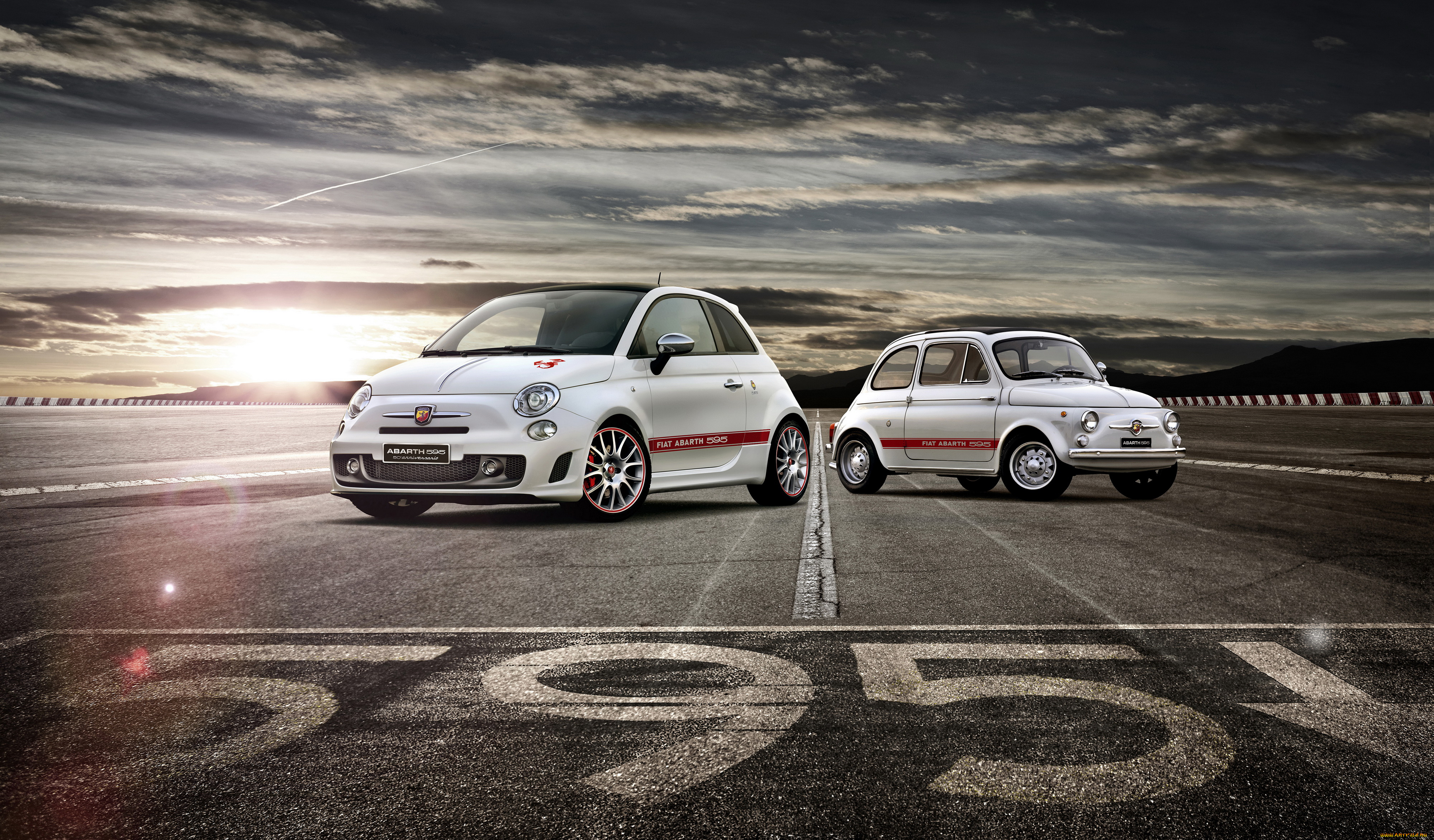 2013, abarth, 595, автомобили, fiat, дорога, закат