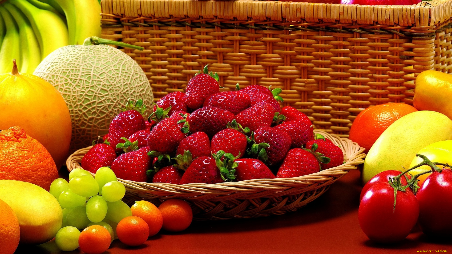 еда, фрукты, , ягоды, овощи, корзина, ягоды, помидоры, дыня, виноград, клубника, мандарины