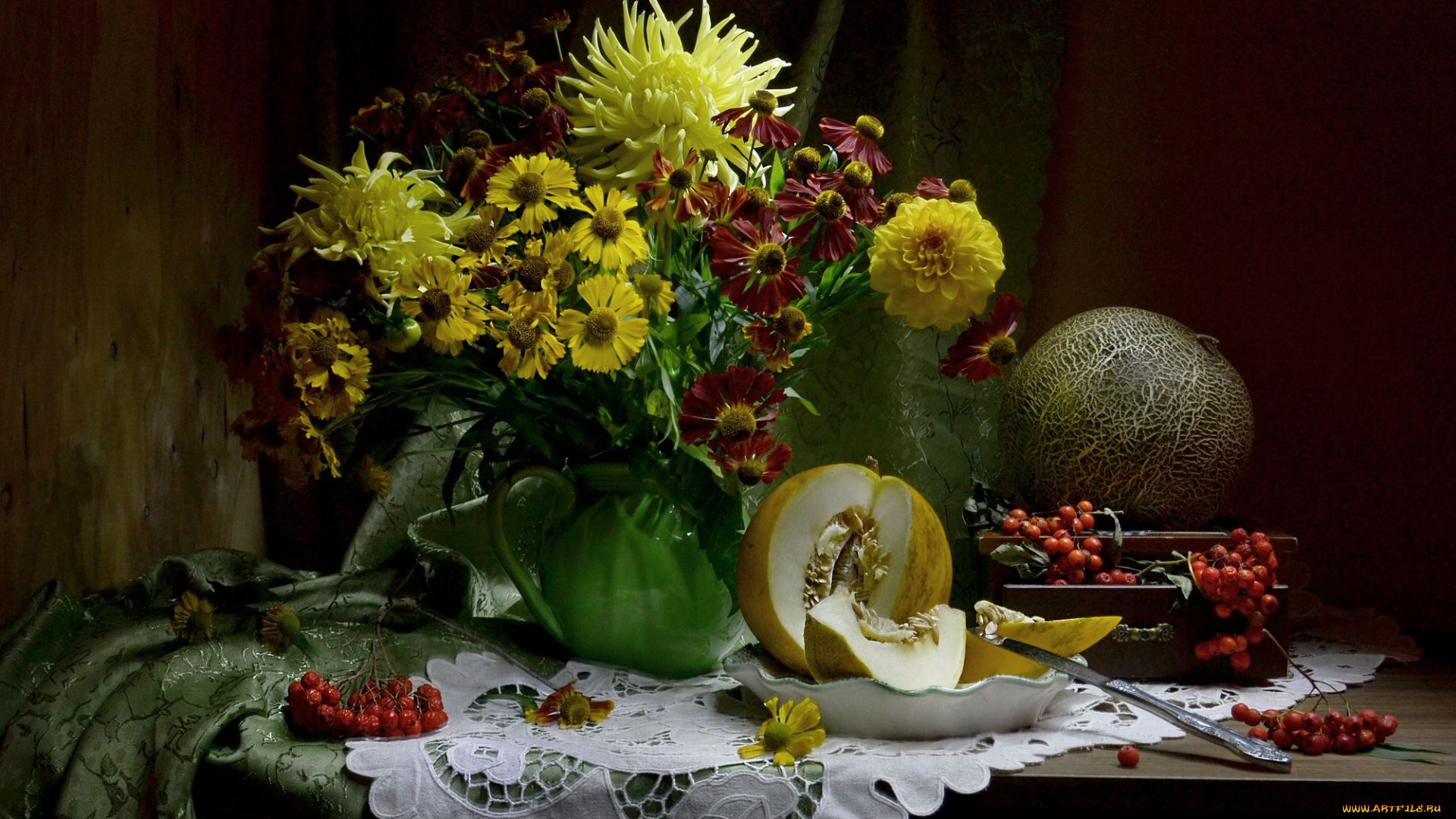 еда, натюрморт, сентябрь, рябина, фото, дыня, георгины, осень, гелениум, цветы