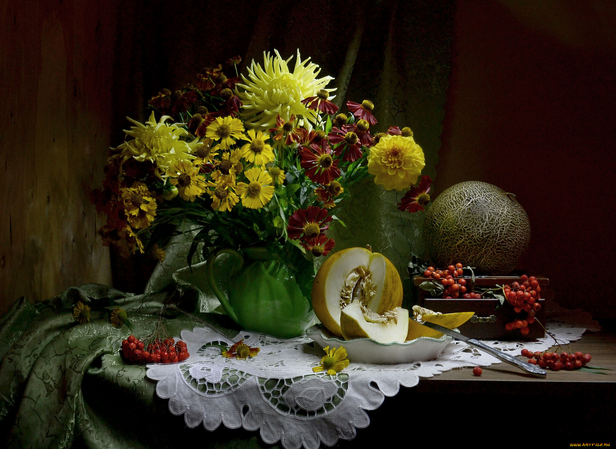 еда, натюрморт, сентябрь, рябина, фото, дыня, георгины, осень, гелениум, цветы