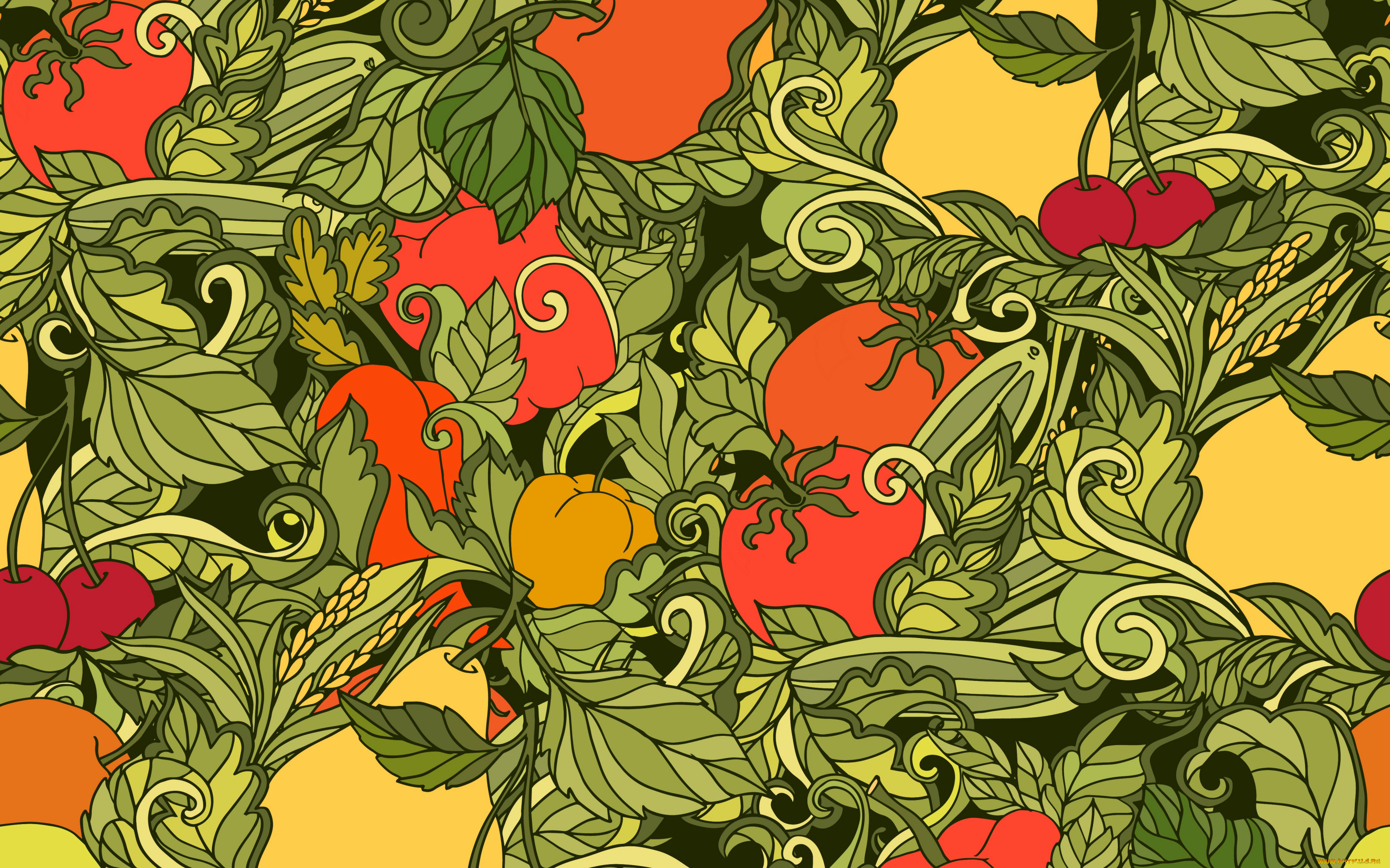 векторная, графика, еда, , food, vegetables, fruits, pattern, текстура, абстракция, фон, seamless, leaves