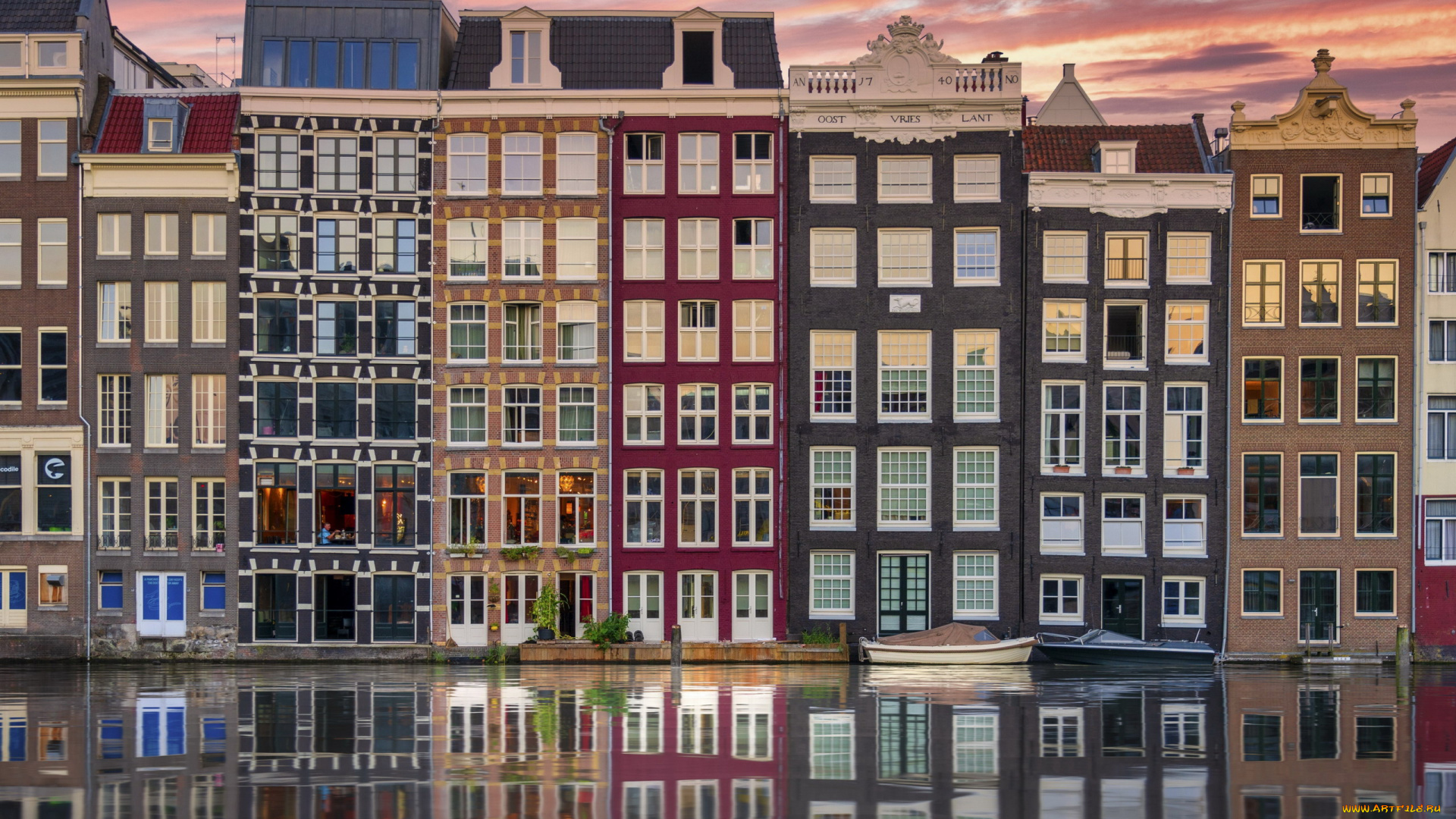 города, амстердам, , нидерланды, канал, дома, лодки