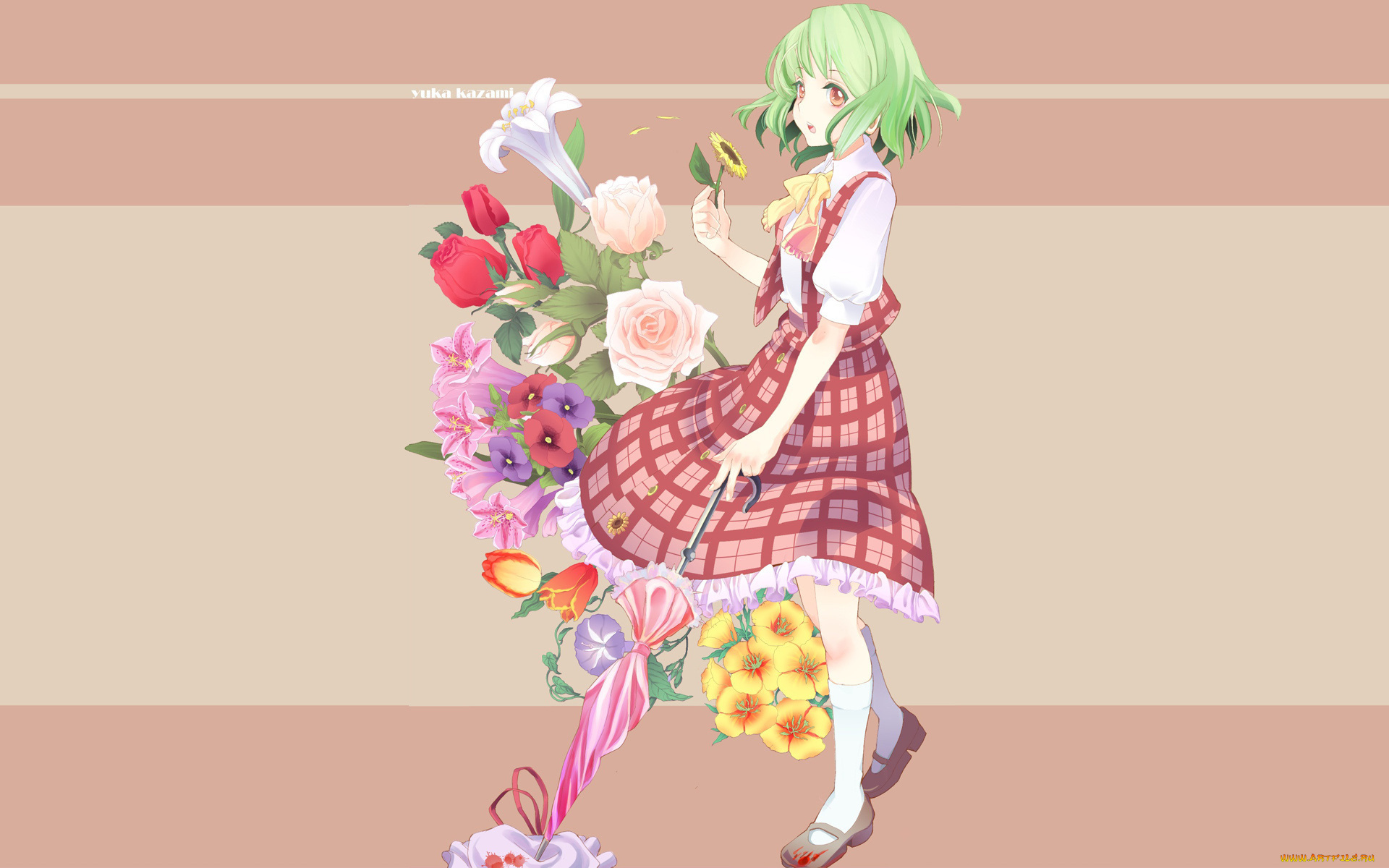 аниме, touhou, девушка, цветы, зеленые, волосы, зонт