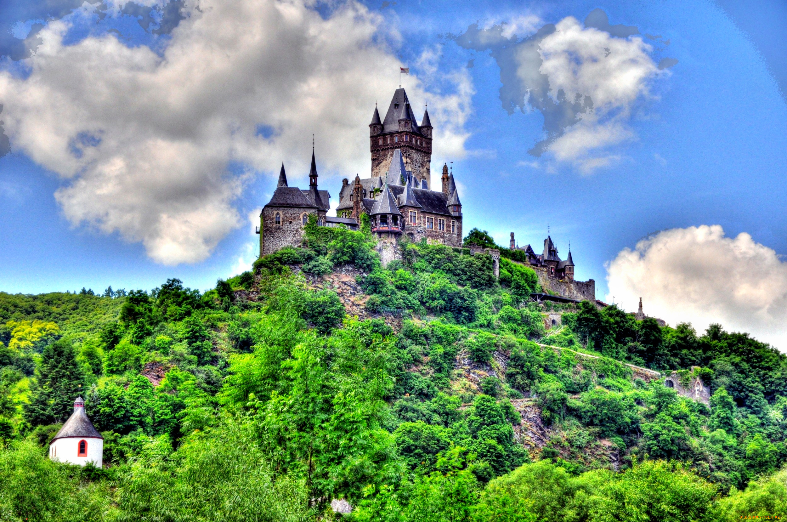 reichsburg, cochem, города, кохем, германия, замок, облака, лес, холм