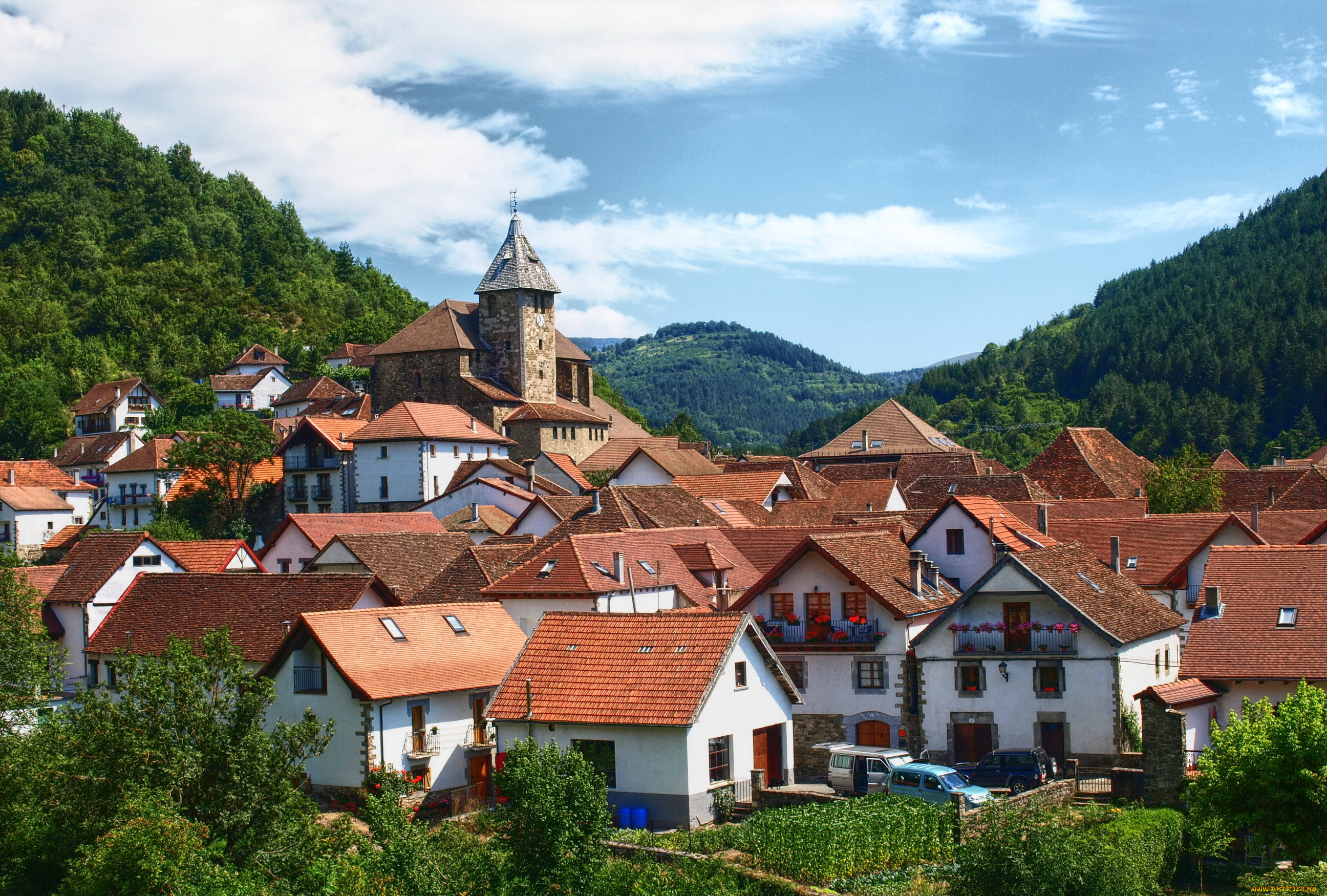 испания, наварра, города, панорамы, деревья, дома, горы