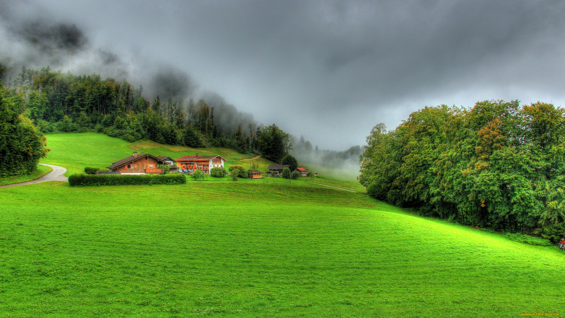 германия, marktschellenberg, города, -, пейзажи, дорога, газоны, дома, marktschellenberg, пейзаж, германия