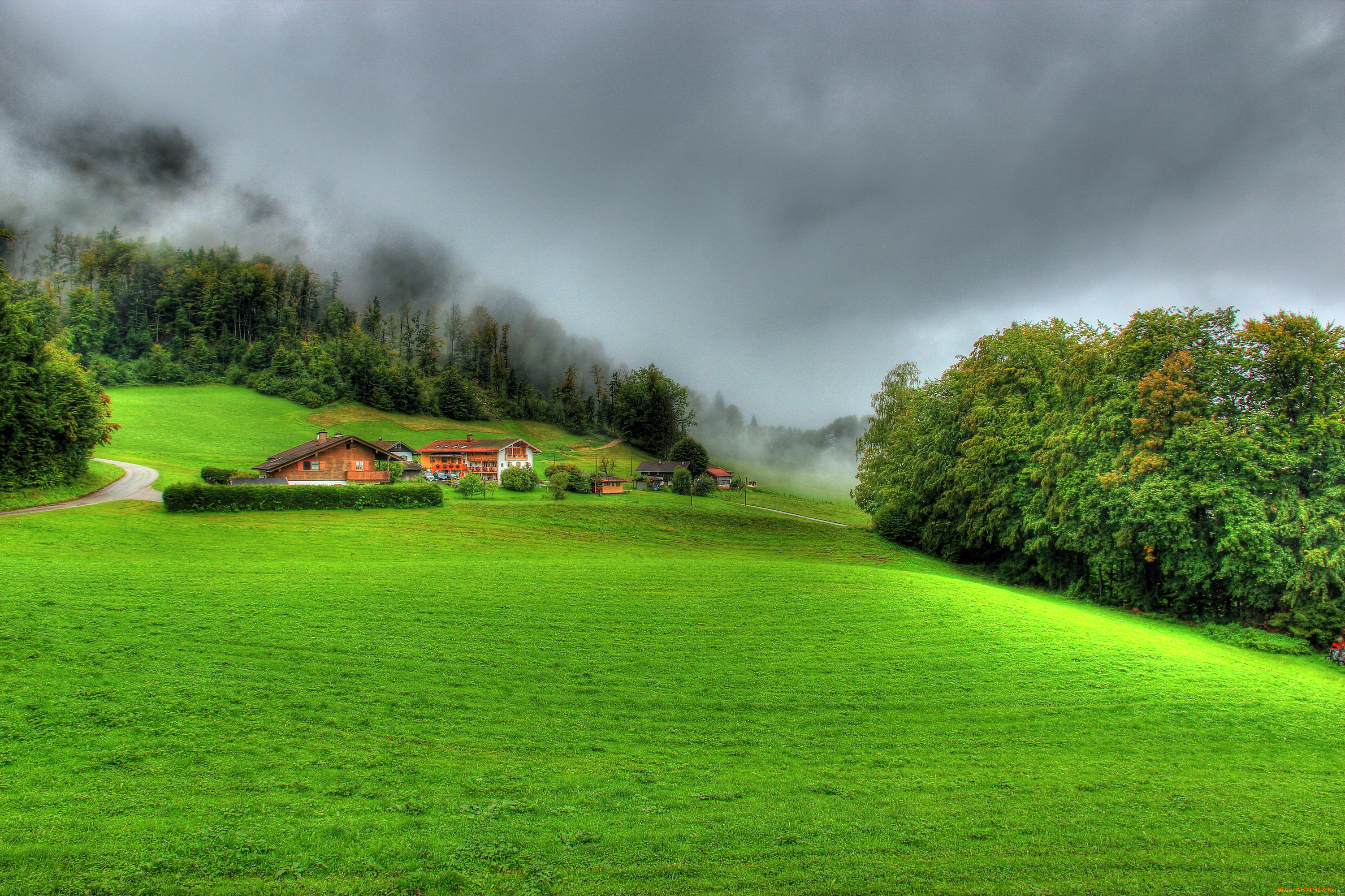 германия, marktschellenberg, города, -, пейзажи, дорога, газоны, дома, marktschellenberg, пейзаж, германия