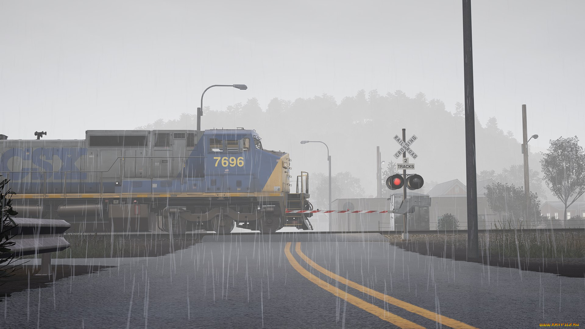 видео, игры, train, sim, world, 2, поезд, железная, дорога, переезд, дождь