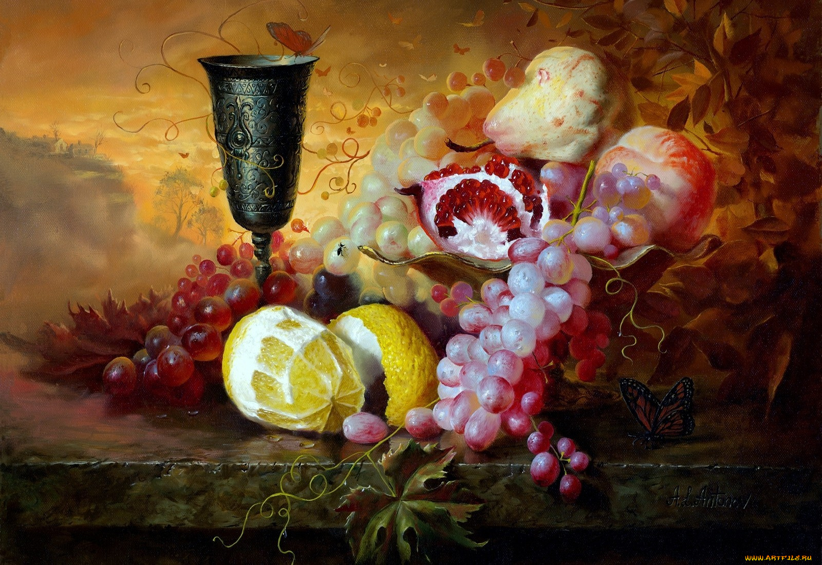 алексей, антонов, рисованные, бокал, бабочки, лимон, гранат, виноград, груша, персик