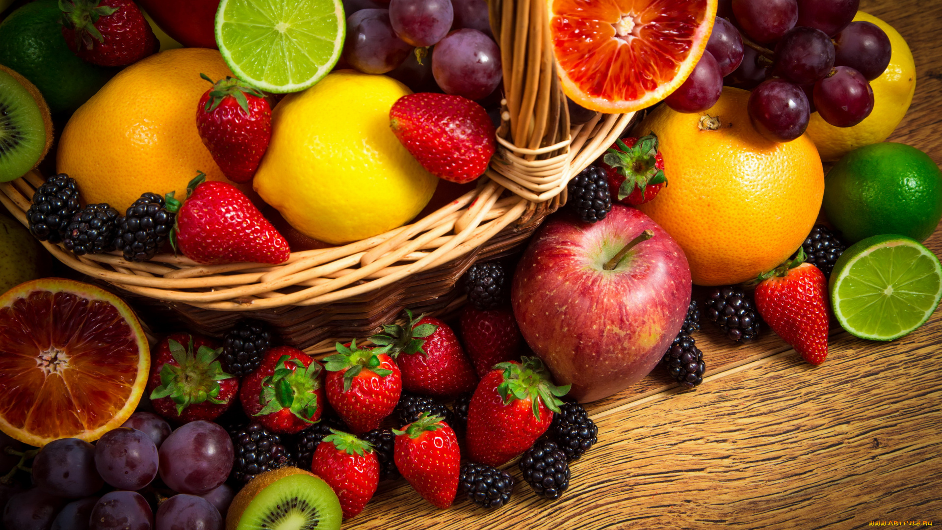 еда, фрукты, , ягоды, яблоки, ежевика, киви, лимон, виноград, клубника