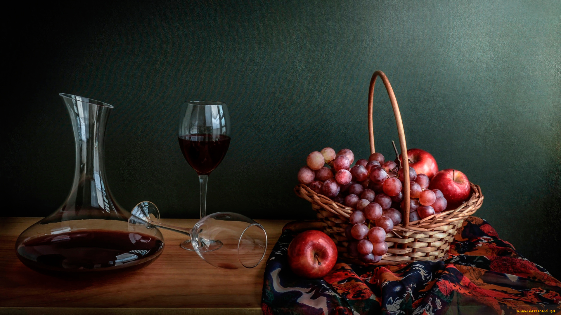 еда, натюрморт, виноград, корзина, вино, яблоки