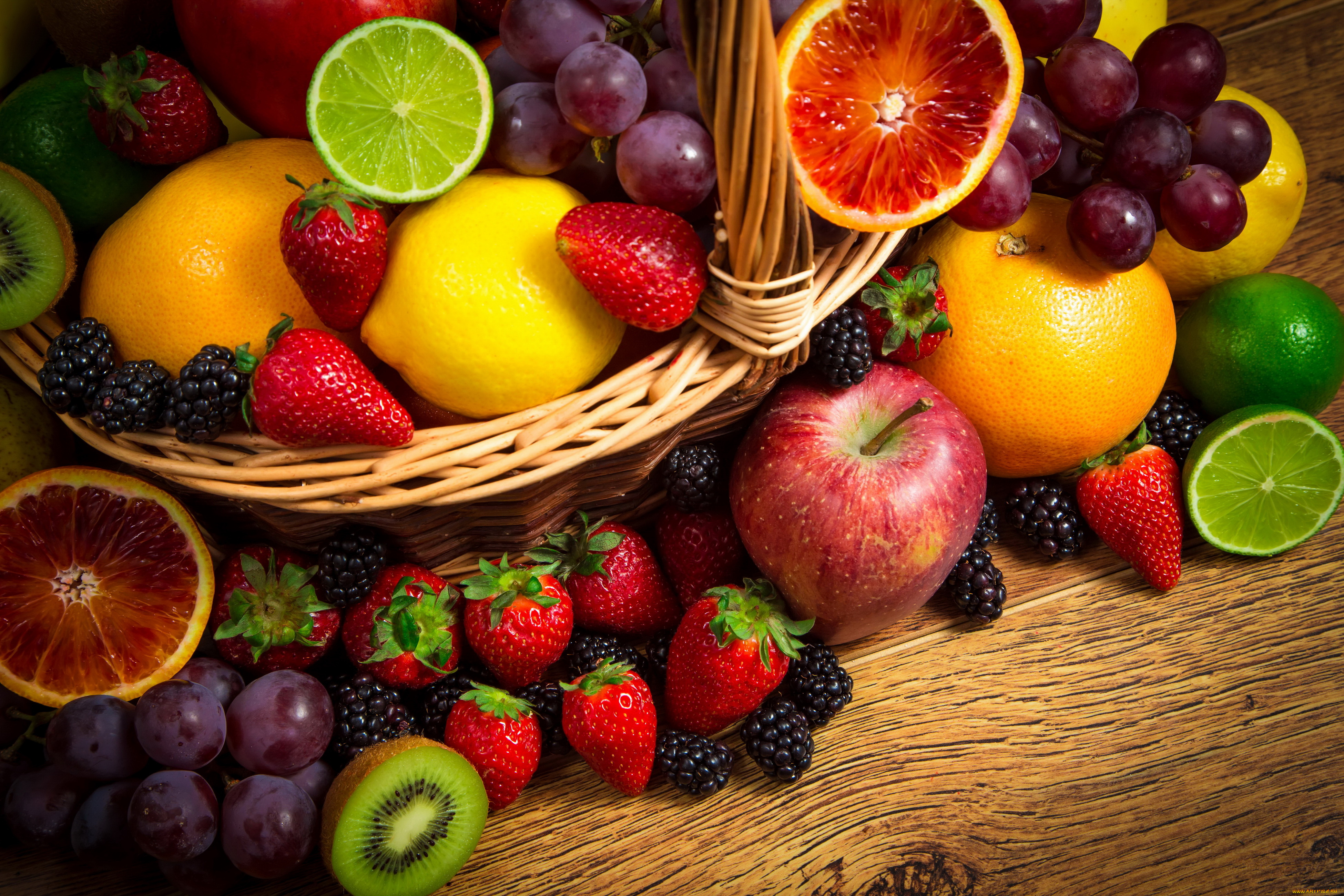 еда, фрукты, , ягоды, яблоки, ежевика, киви, лимон, виноград, клубника