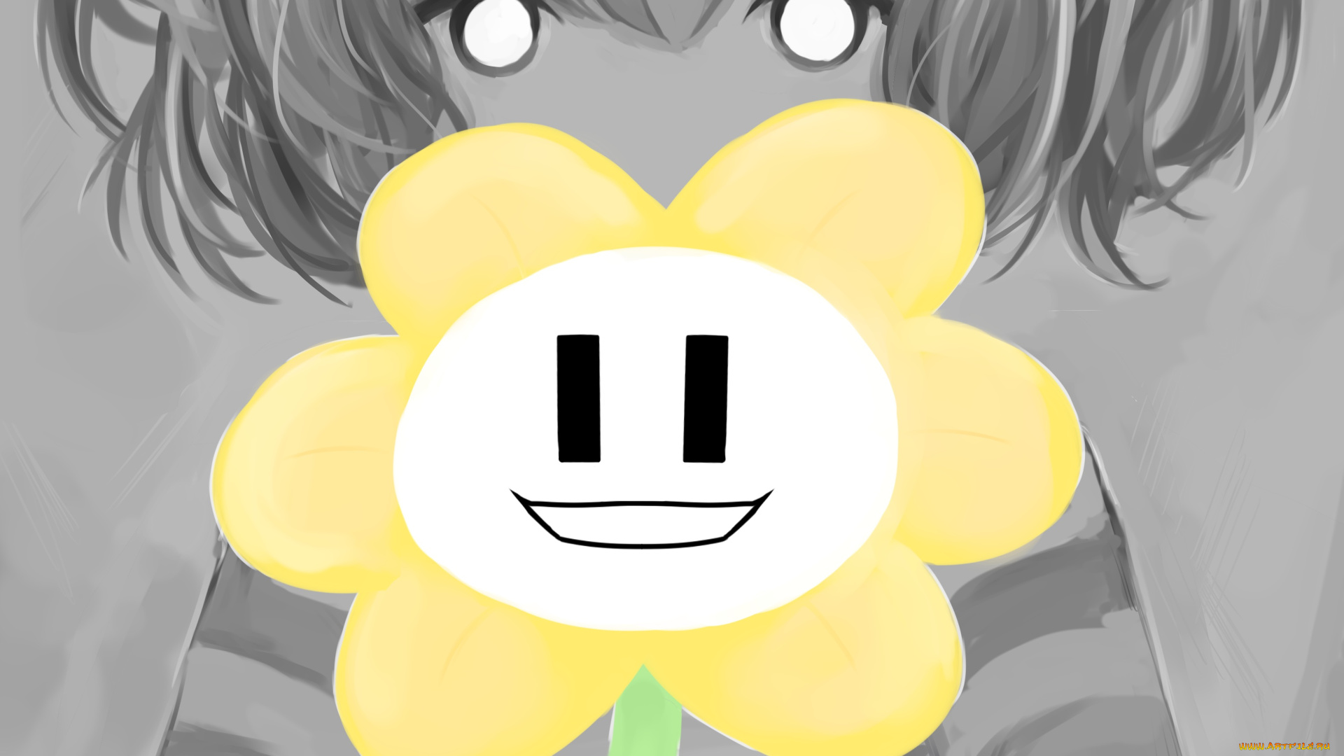 аниме, unknown, , другое, flowey, цветок, взгляд, арт, frisk, undertale