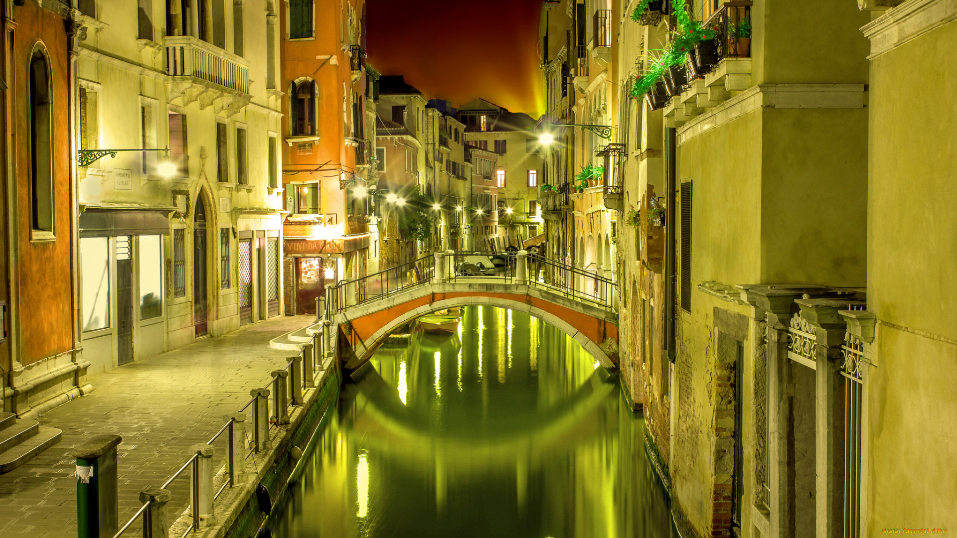 города, венеция, , италия, огни, мост, канал, ночь