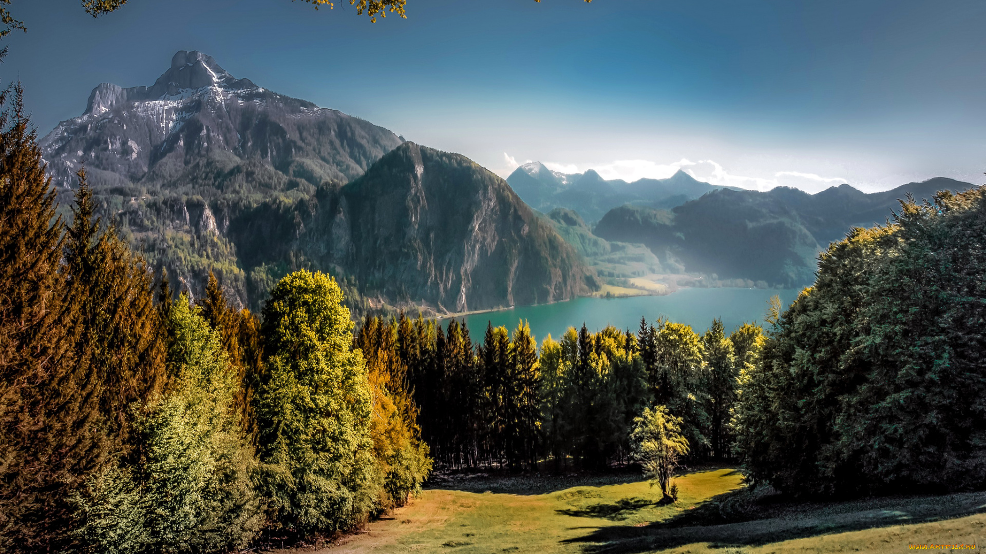 природа, горы, красота, осень, деревья, озеро, австрия