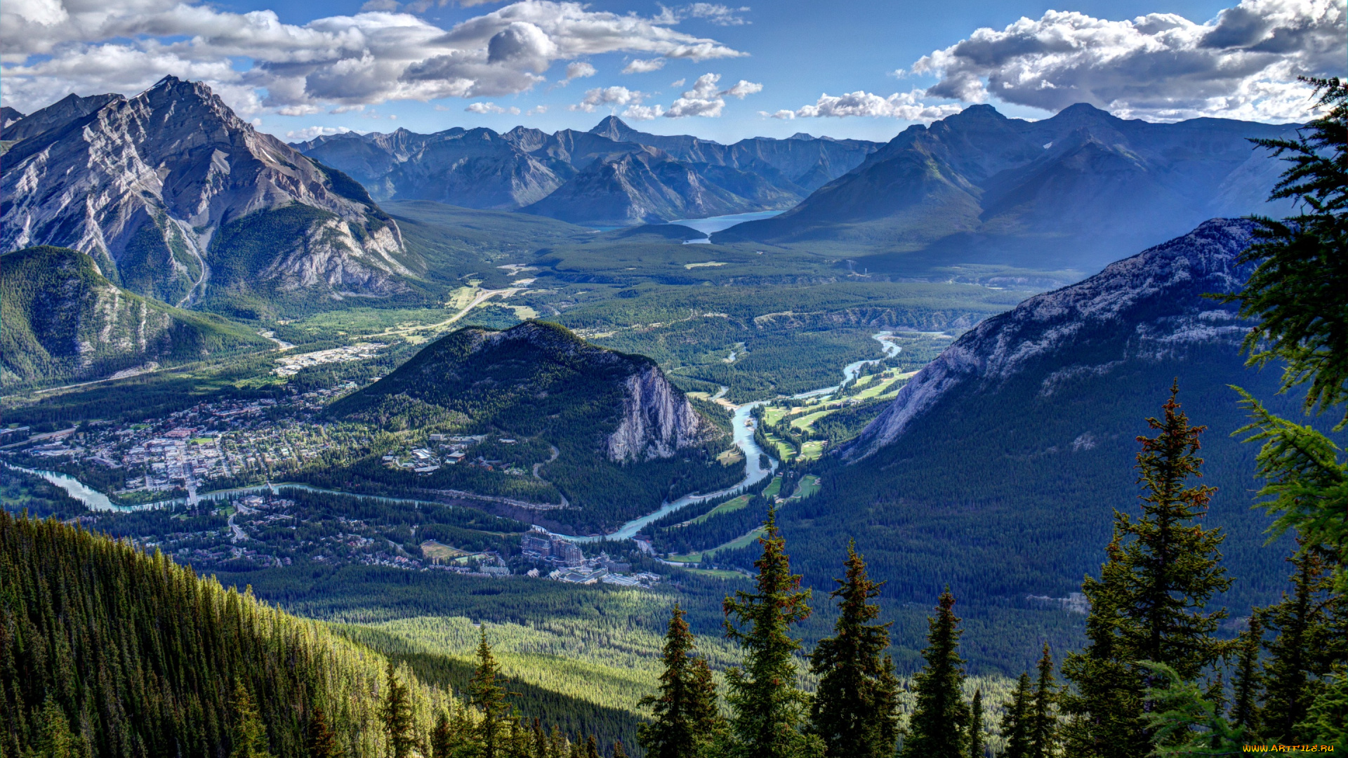 природа, горы, облака, canada, небо, alberta, banff, national, park, долина, река, лес, панорама