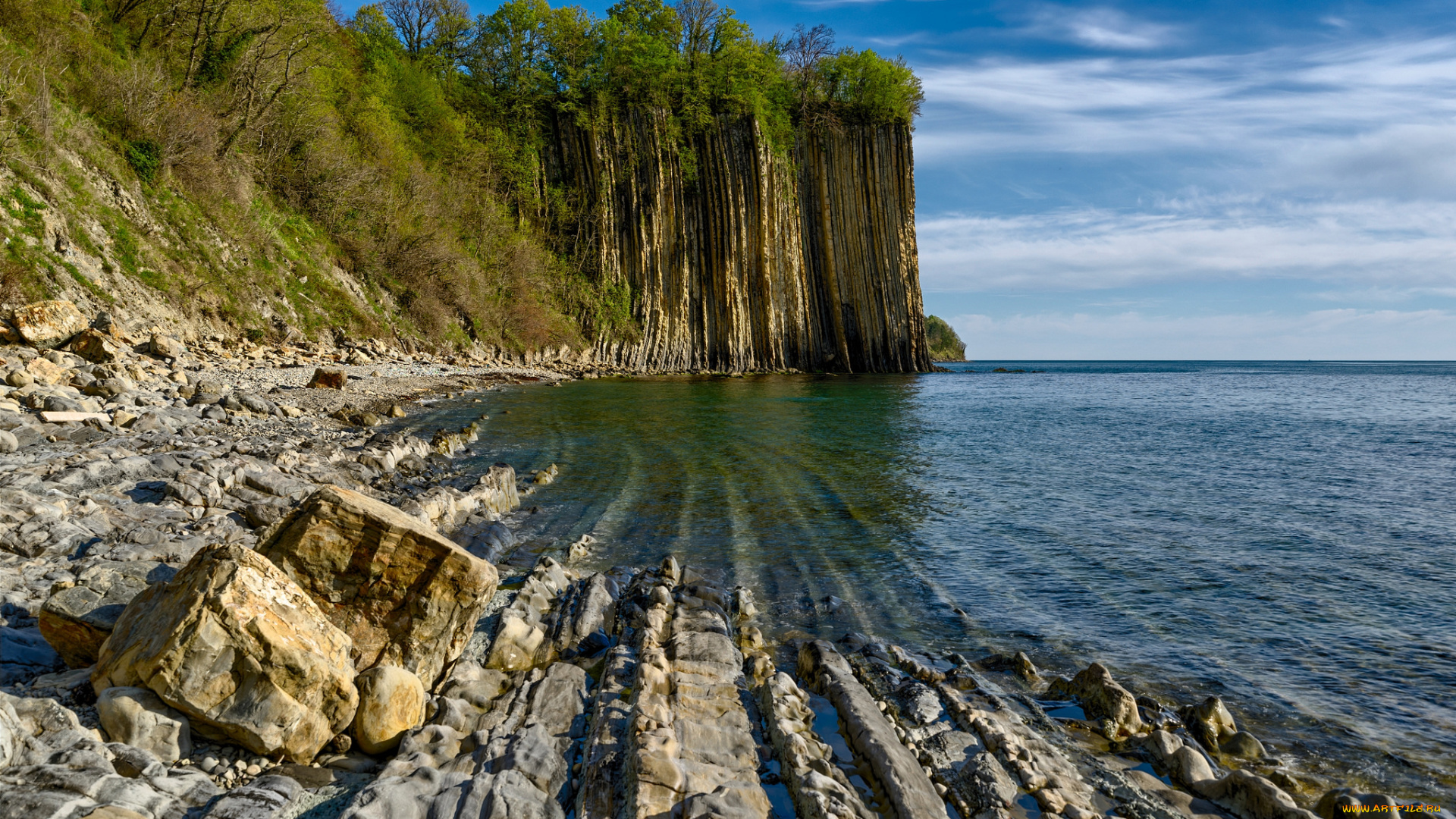 природа, побережье, скалы, море, лес