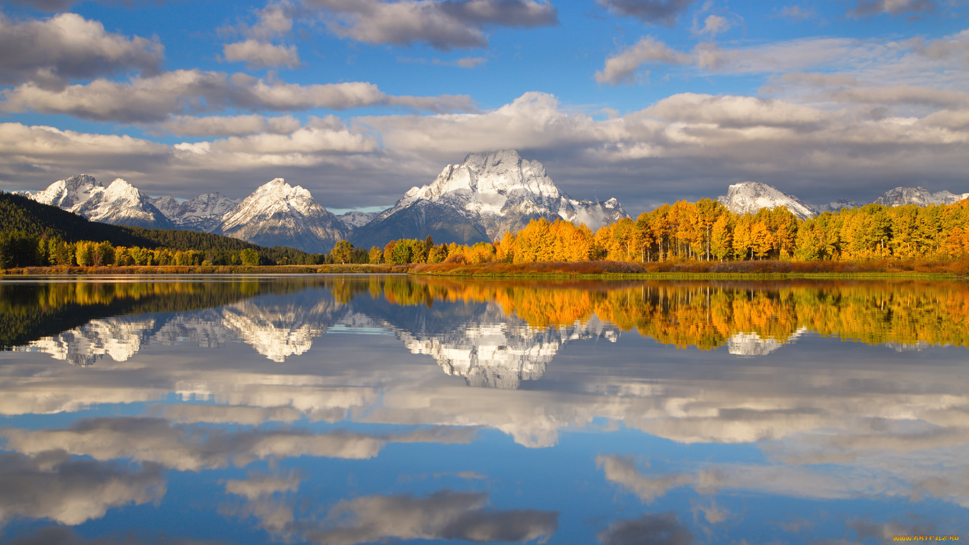 природа, реки, озера, осень, озеро, деревья, вайоминг, grand, teton, national, park, облака, снег, горы, сша