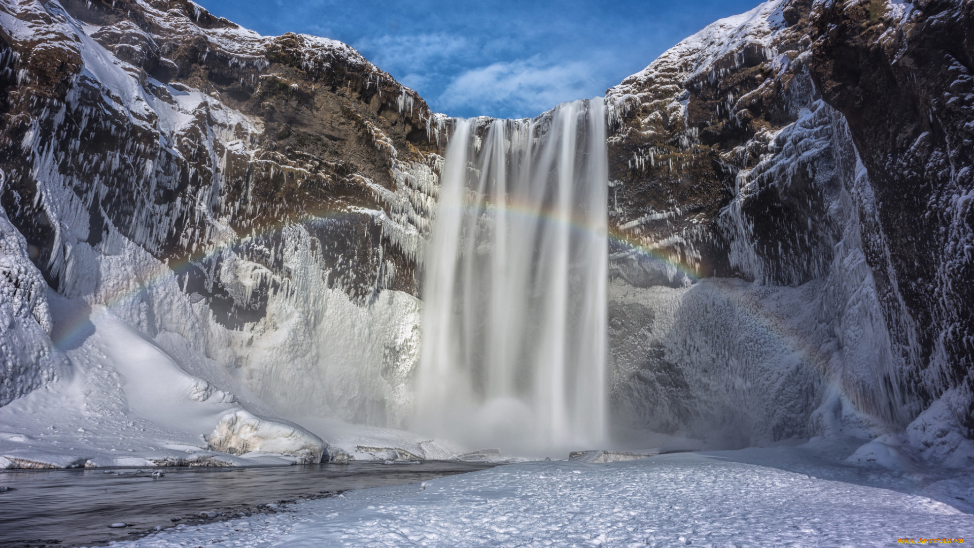 природа, водопады, исландия, небо, снег, зима, горы, радуга, водопад