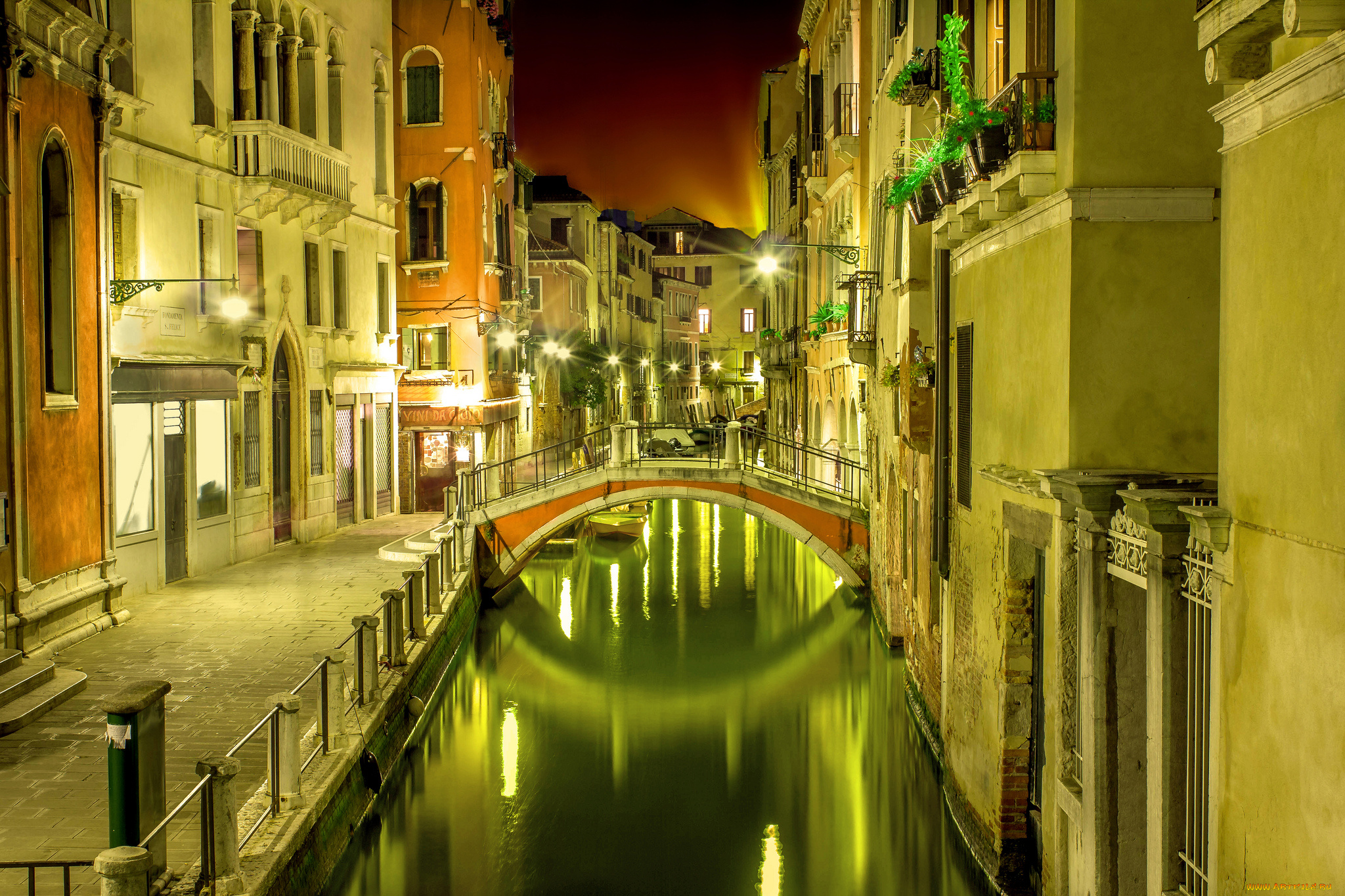 города, венеция, , италия, огни, мост, канал, ночь