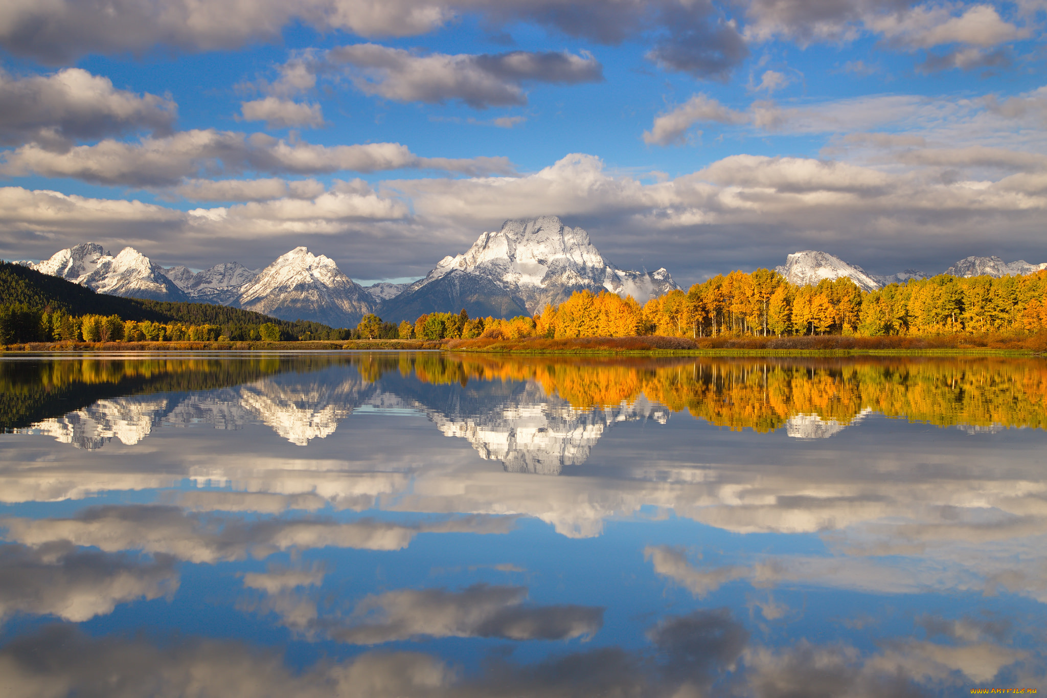 природа, реки, озера, осень, озеро, деревья, вайоминг, grand, teton, national, park, облака, снег, горы, сша