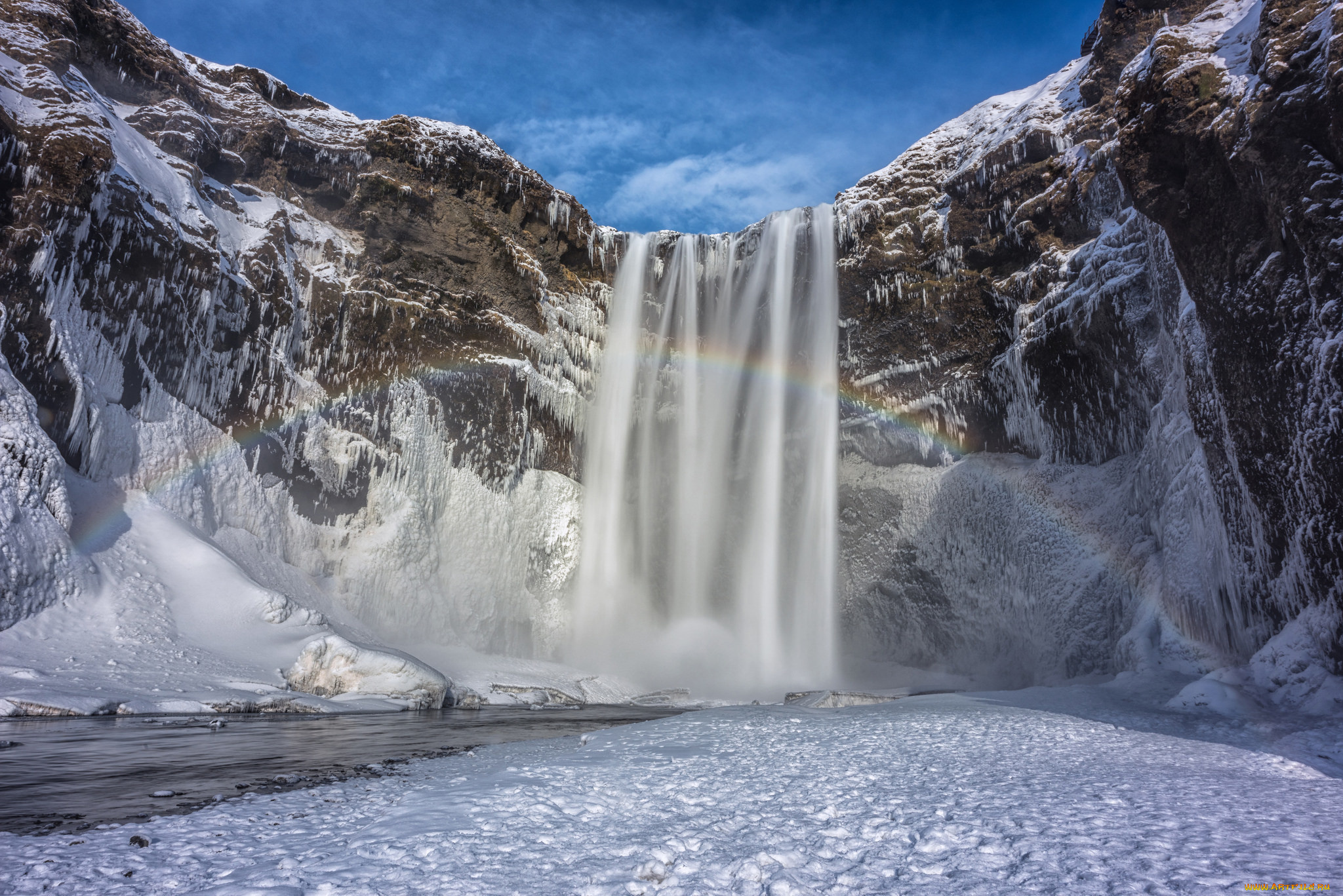 природа, водопады, исландия, небо, снег, зима, горы, радуга, водопад