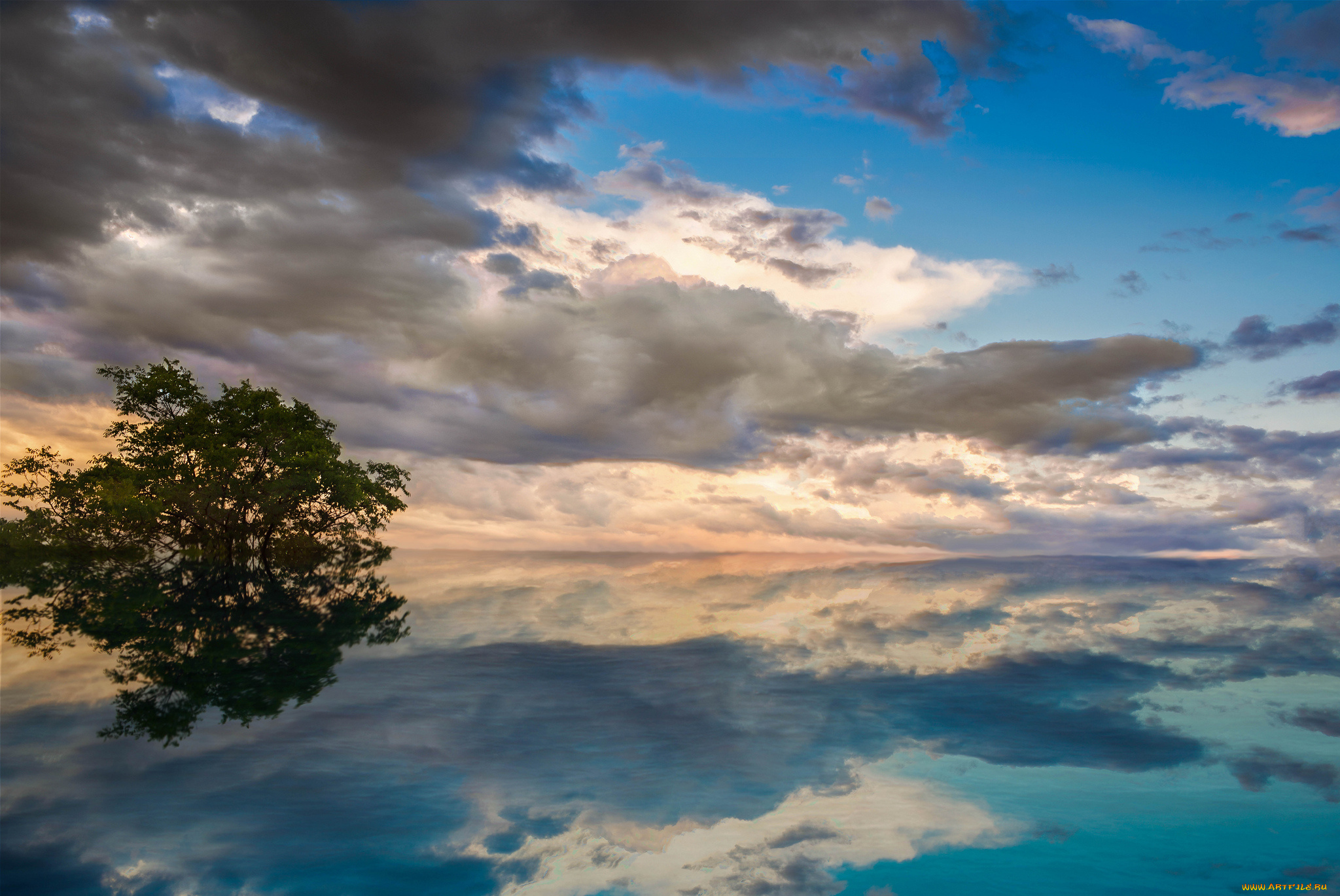 природа горизонт солнце озеро облака отражение без смс