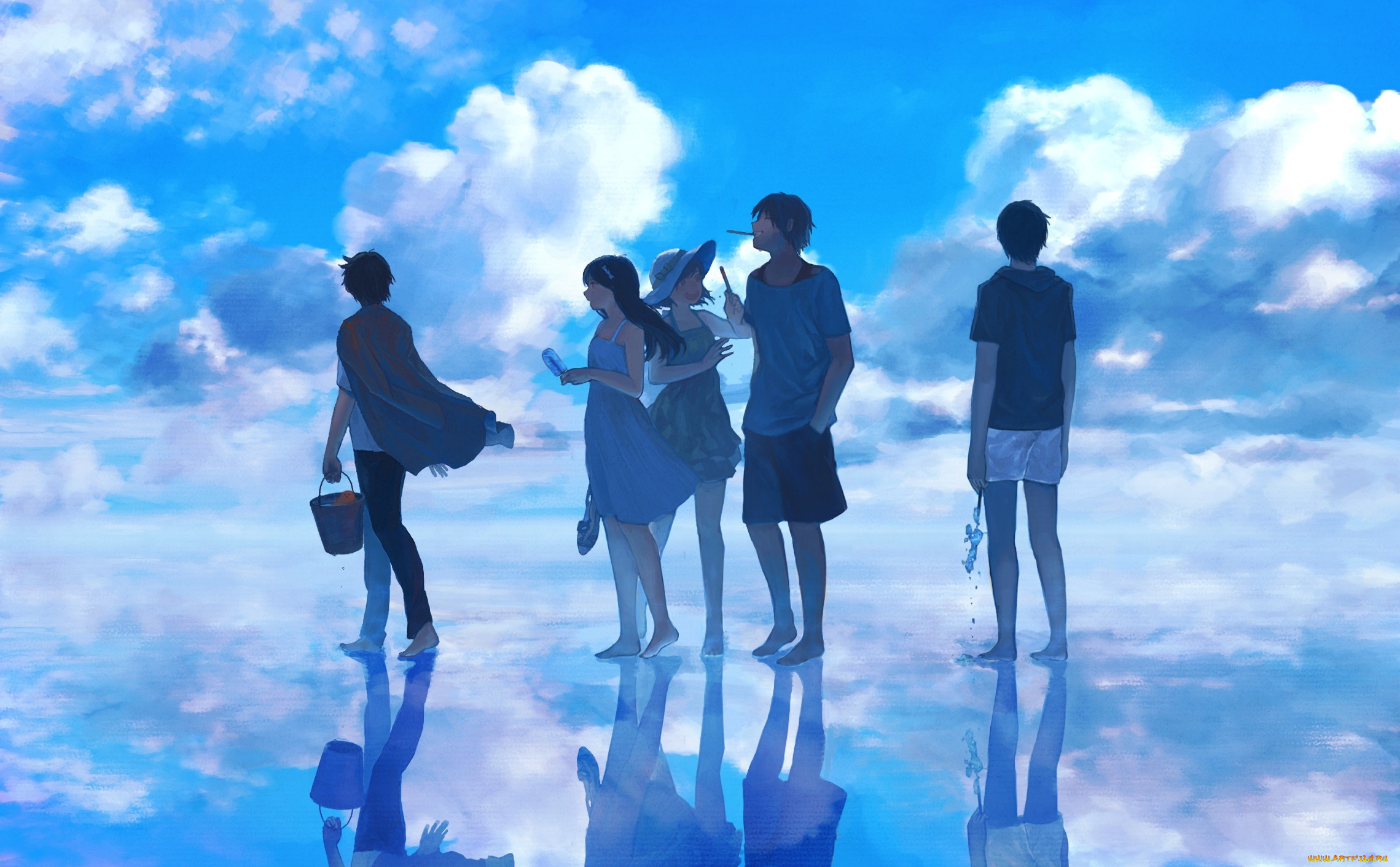 аниме, unknown, , другое, радость, шляпа, девушки, мороженое, отражение, парни, небо, облака, вода, ведро, takeji, арт