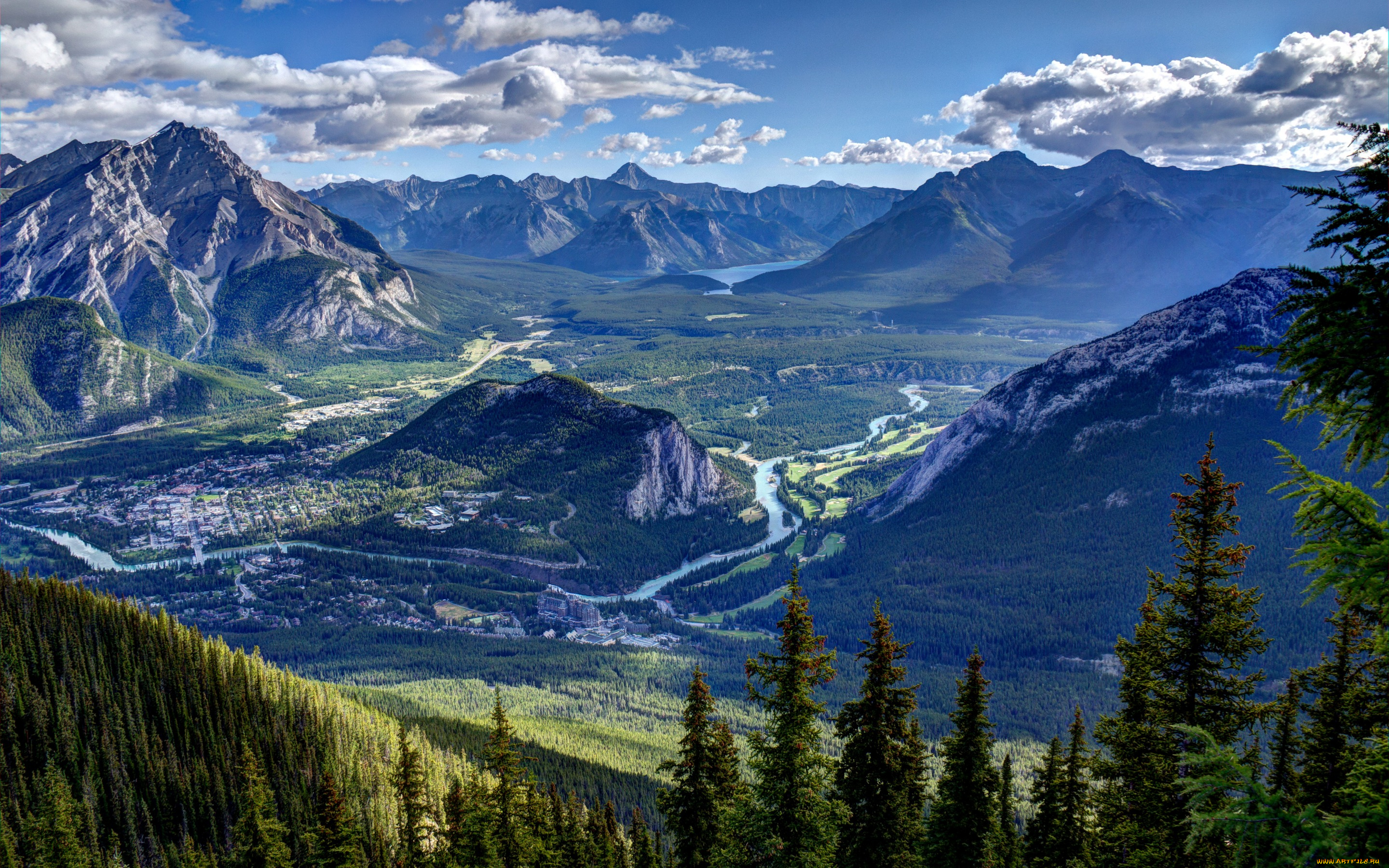 природа, горы, облака, canada, небо, alberta, banff, national, park, долина, река, лес, панорама