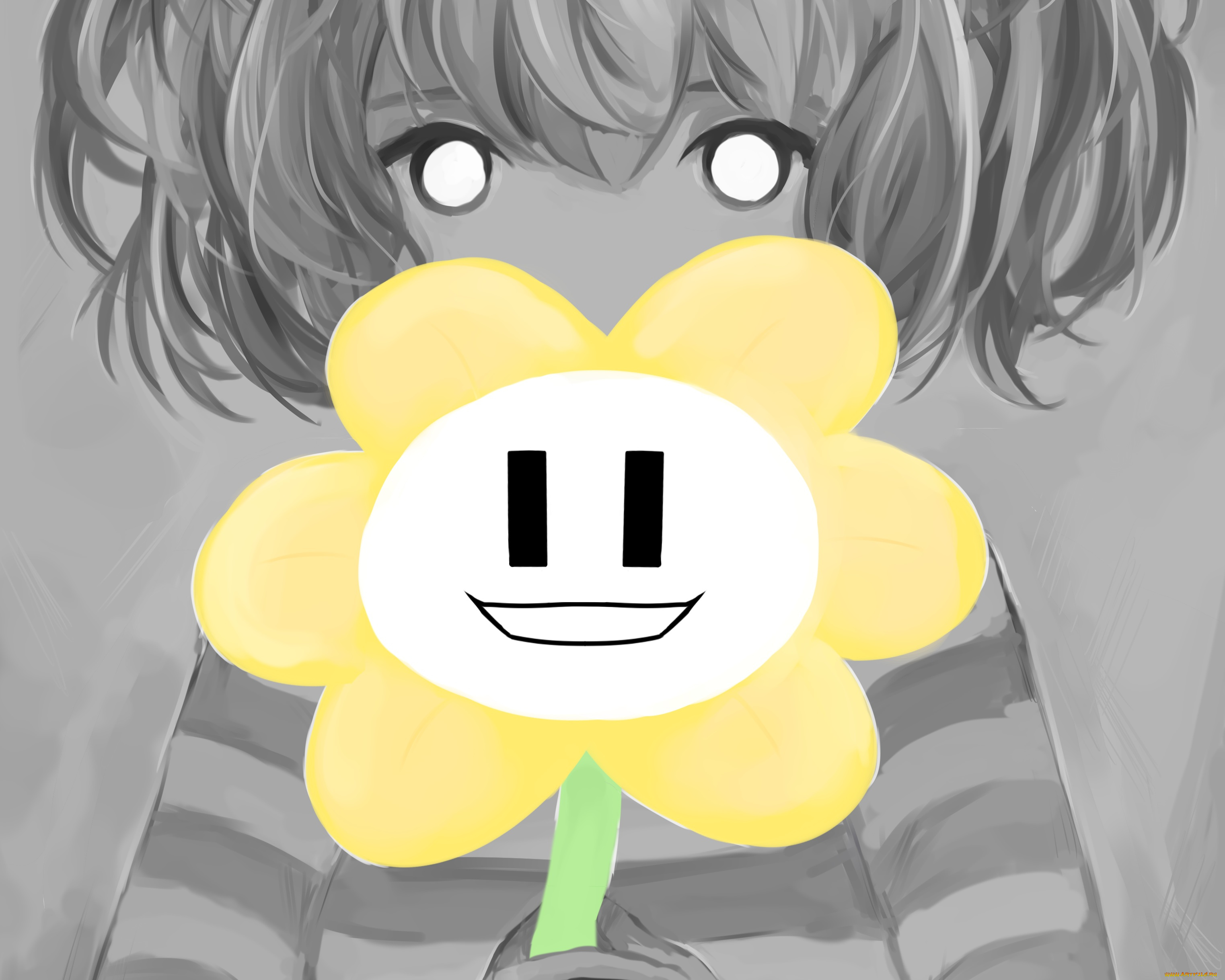 аниме, unknown, , другое, flowey, цветок, взгляд, арт, frisk, undertale